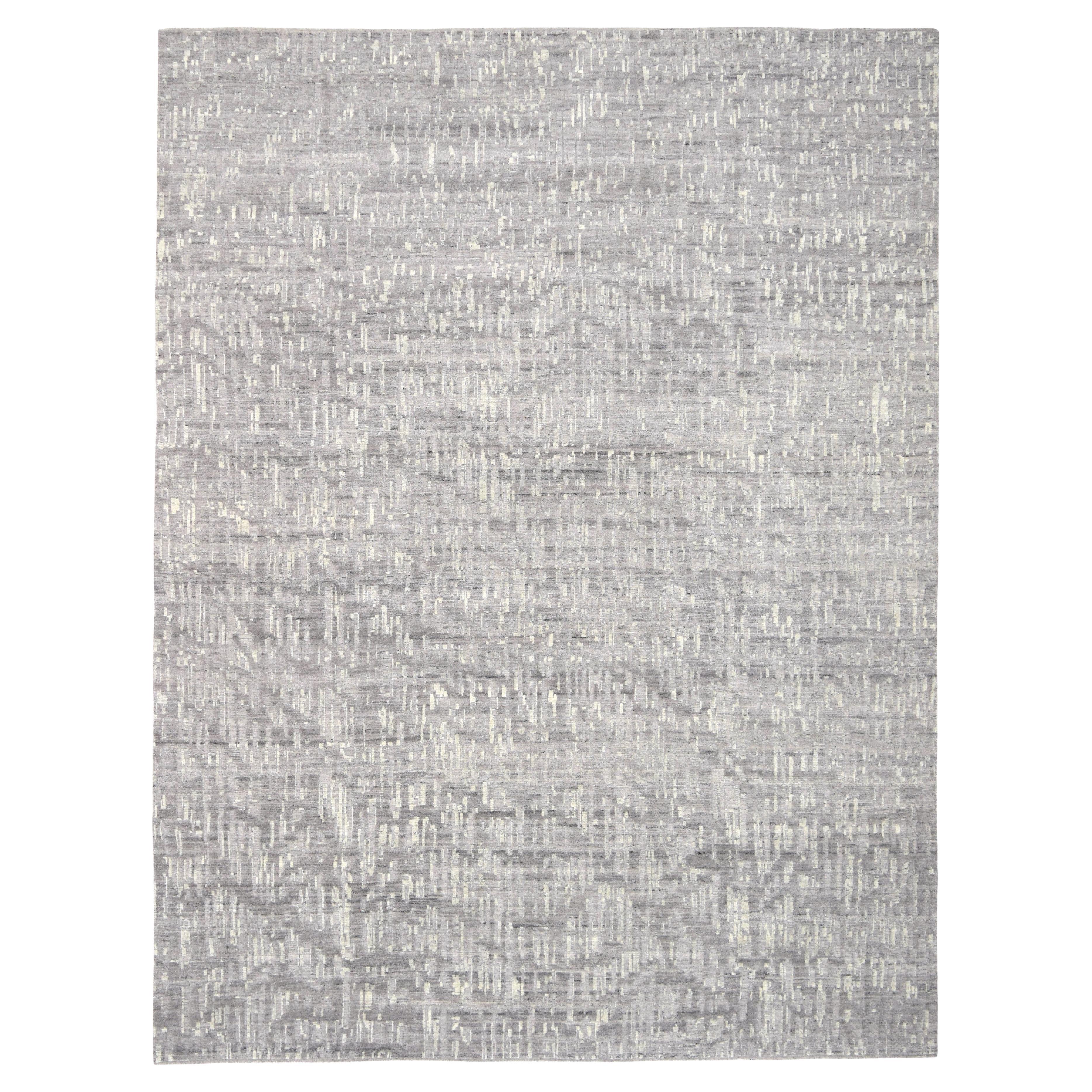 Scandinavian Modern Silver Grey Textured Wool Rug 12'1''x16'
