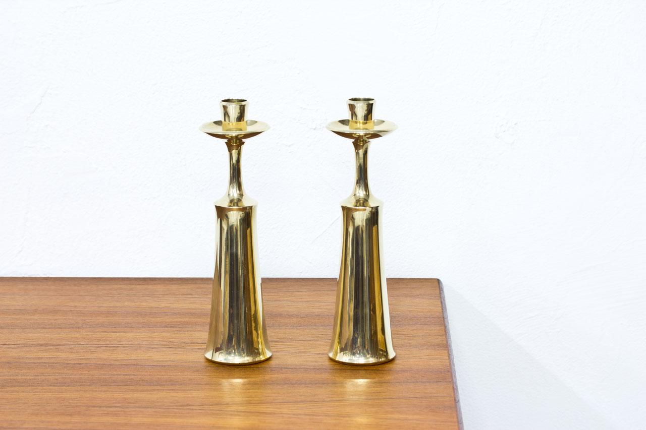 Pair of brass candleholders designed by Jens Quistgaard for Dansk Design in Denmark
during the 1950s. Made from solid polished brass, stamped.