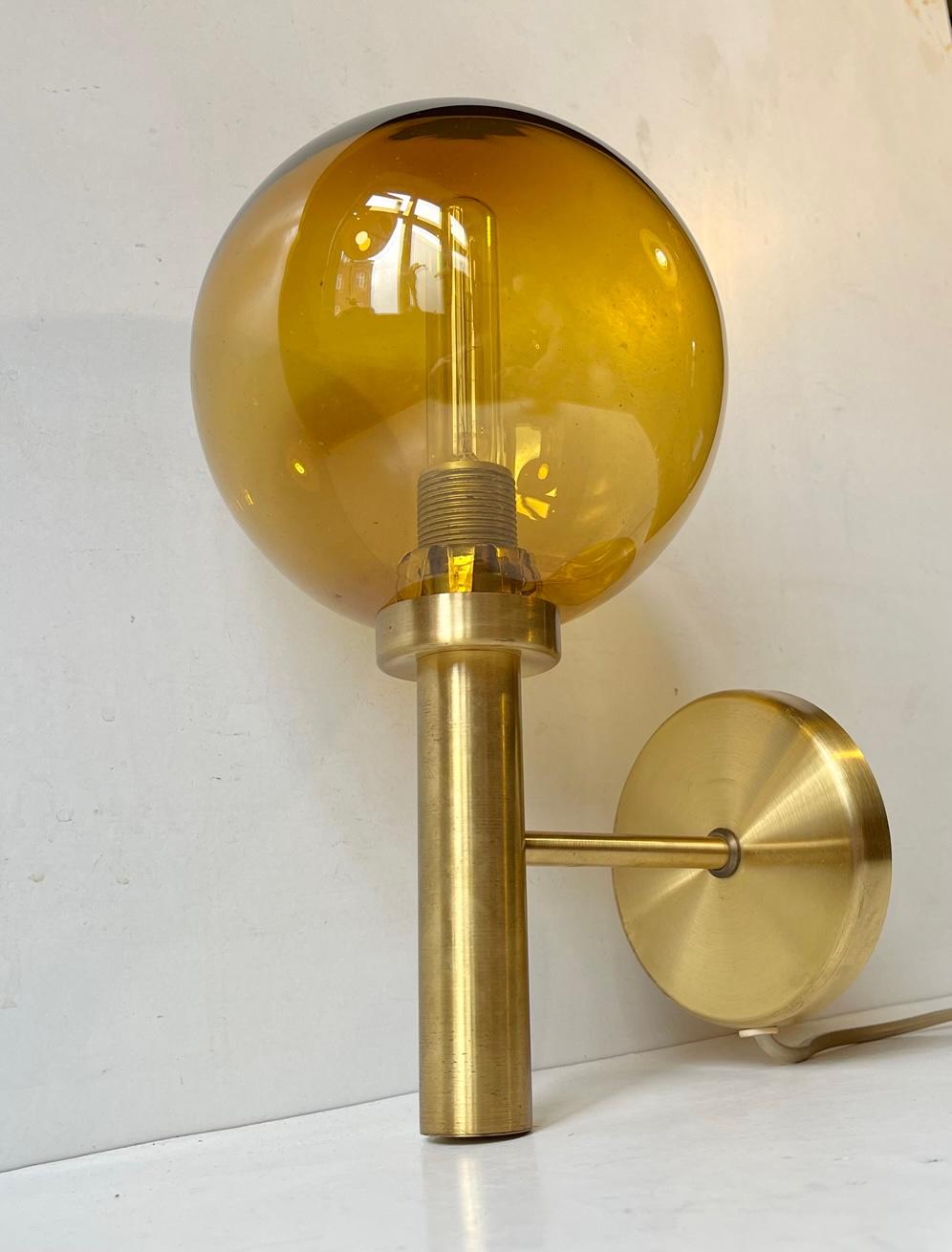 Danish Scandinavian Modern Spherical Wall Sconce in Brass & Smoke Glass For Sale