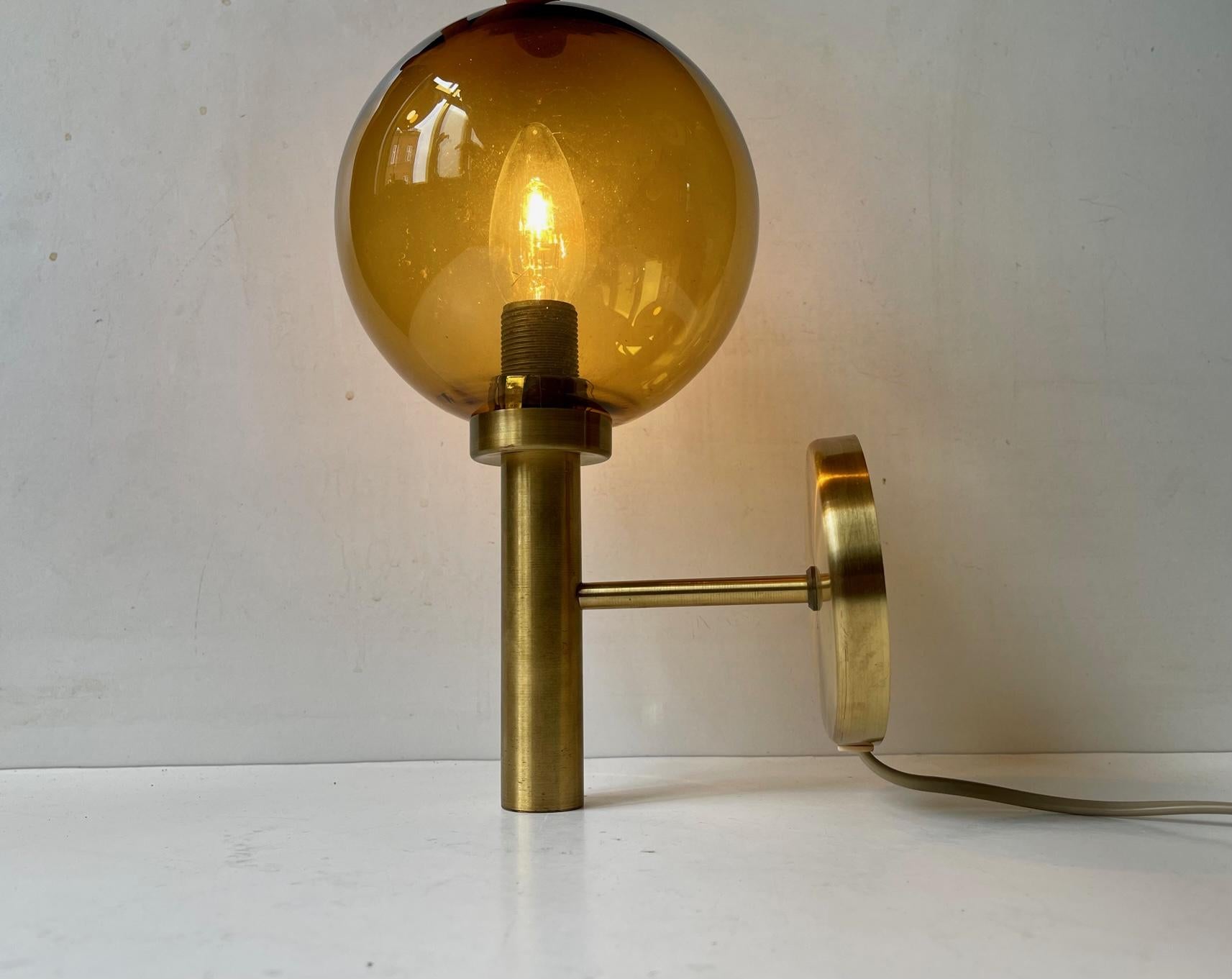 Late 20th Century Scandinavian Modern Spherical Wall Sconce in Brass & Smoke Glass For Sale
