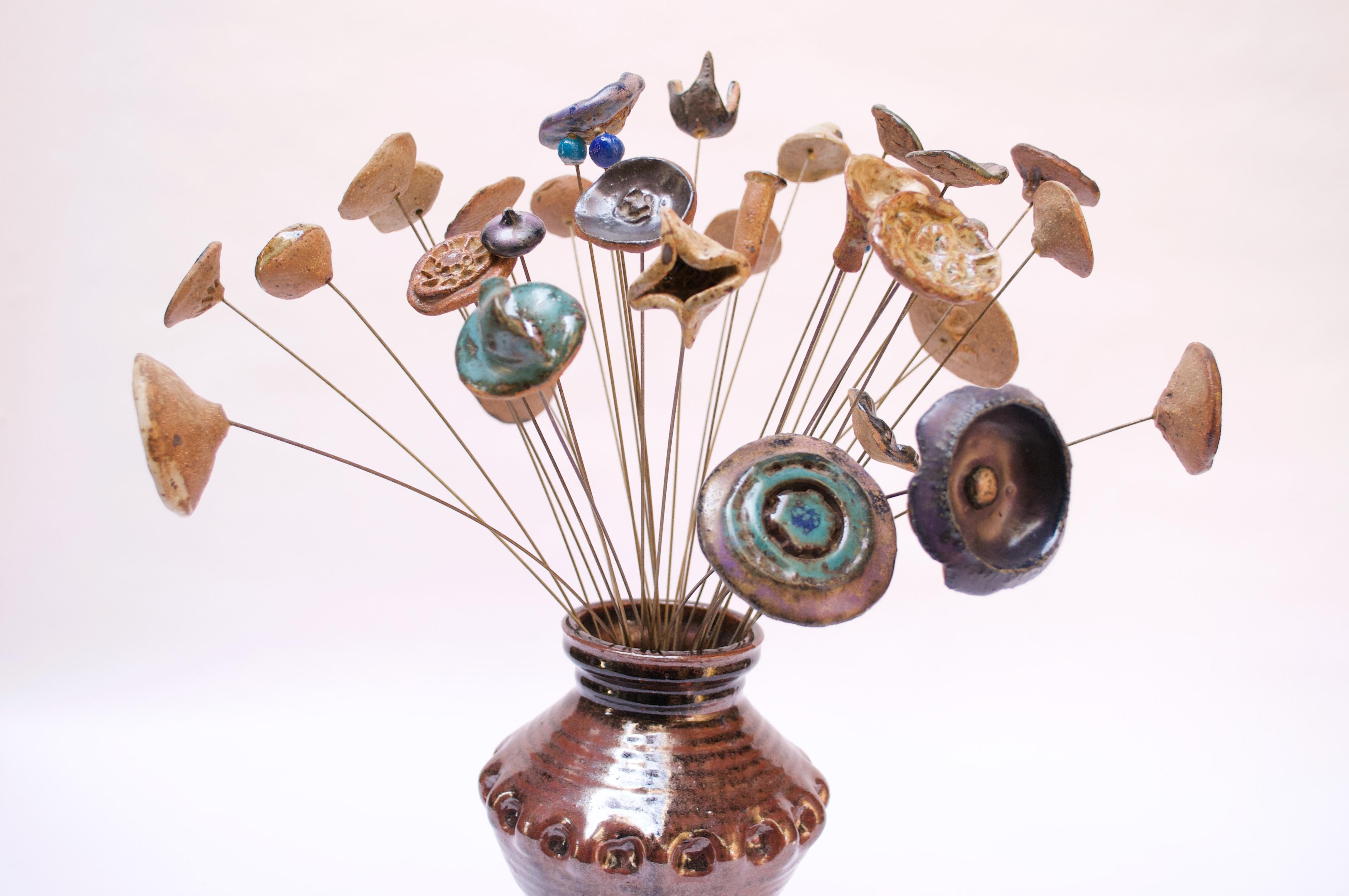Scandinavian Modern Stoneware Flower Arrangement Kinetic Sculpture Signed In Good Condition In Brooklyn, NY