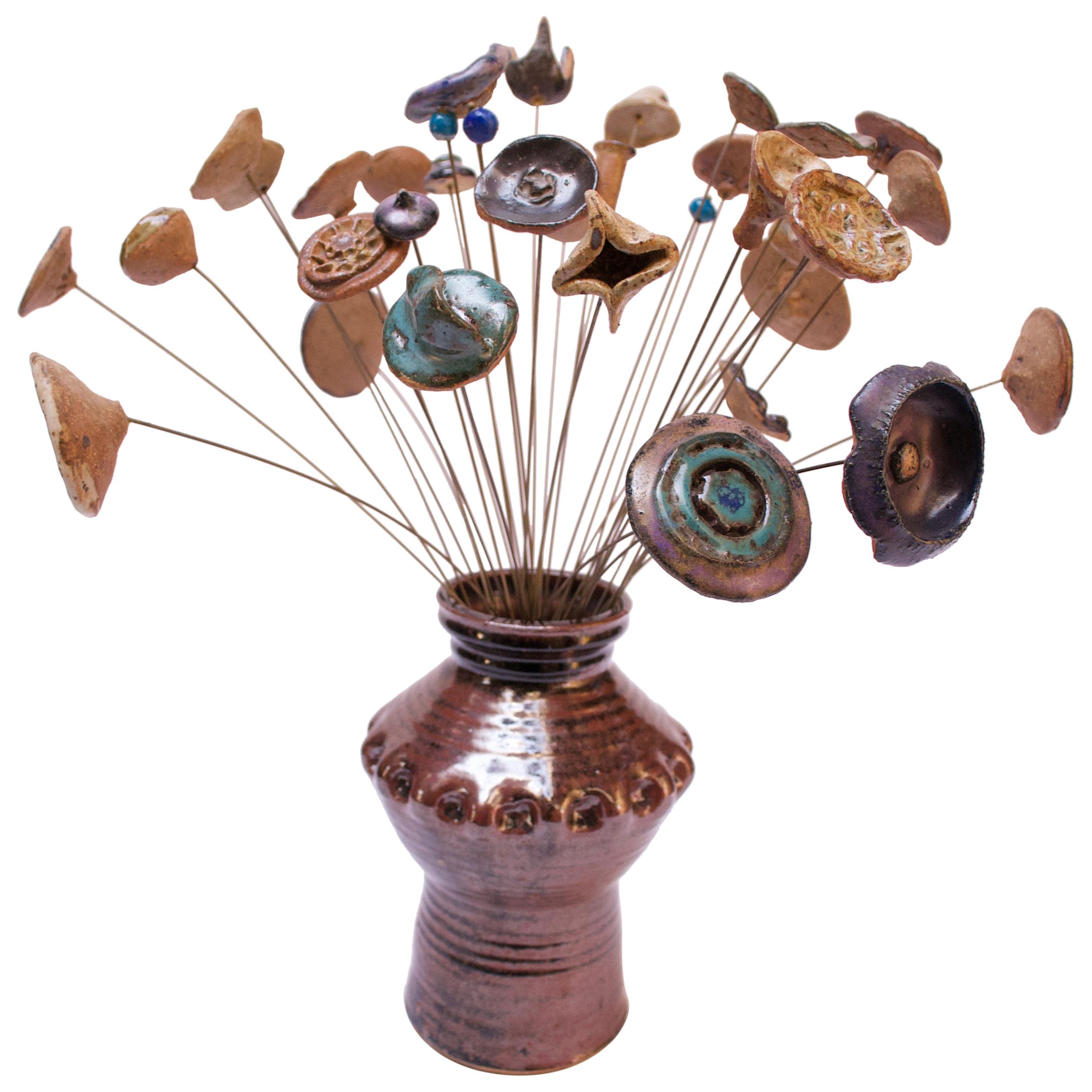 Scandinavian Modern Stoneware Flower Arrangement Kinetic Sculpture Signed