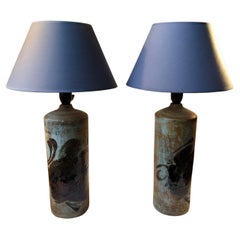Scandinavian Modern Stoneware Table Lamps in Abstract Glazes, 1970s