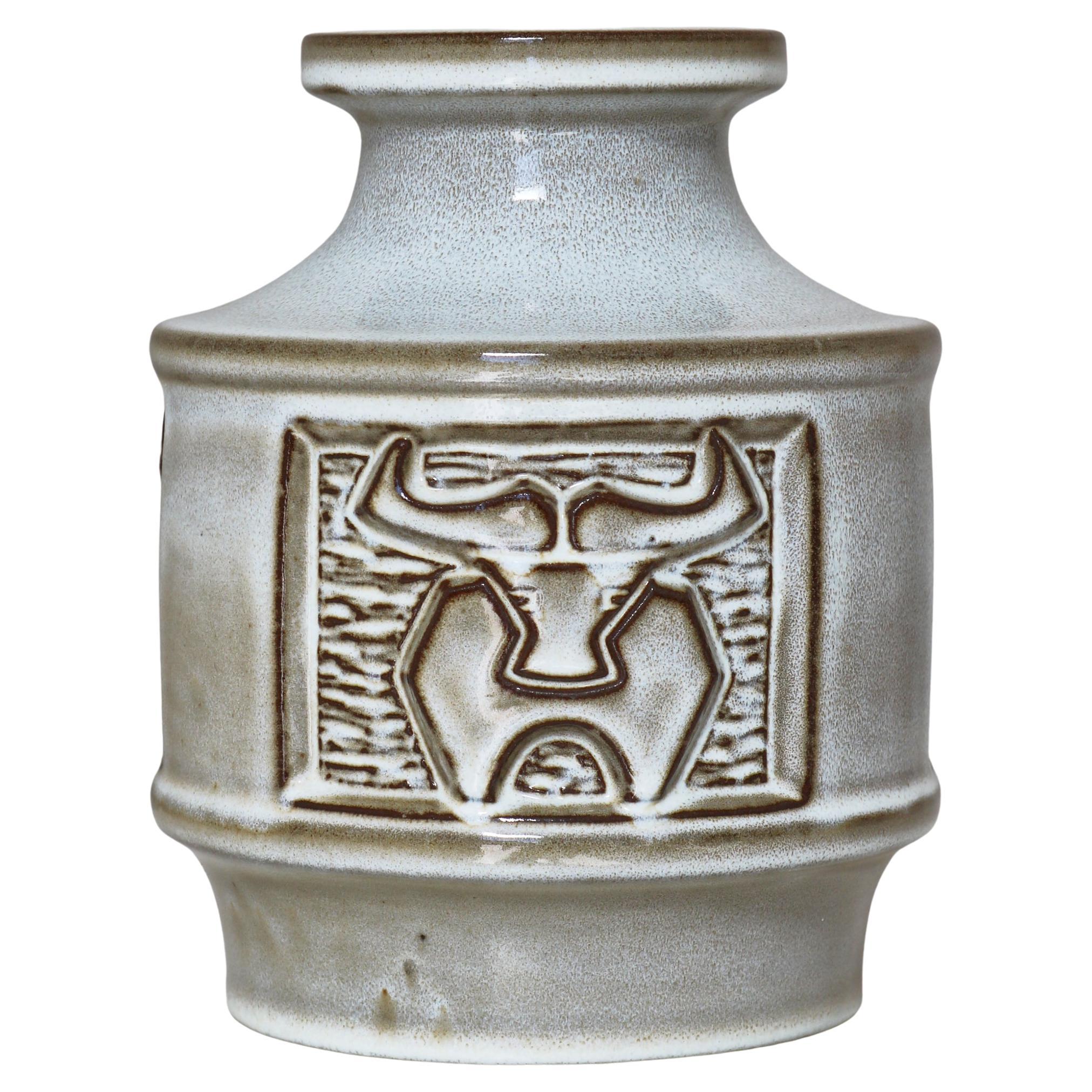 Scandinavian Modern Stoneware Vase with Bull Motif by Michael Andersen, 1960s