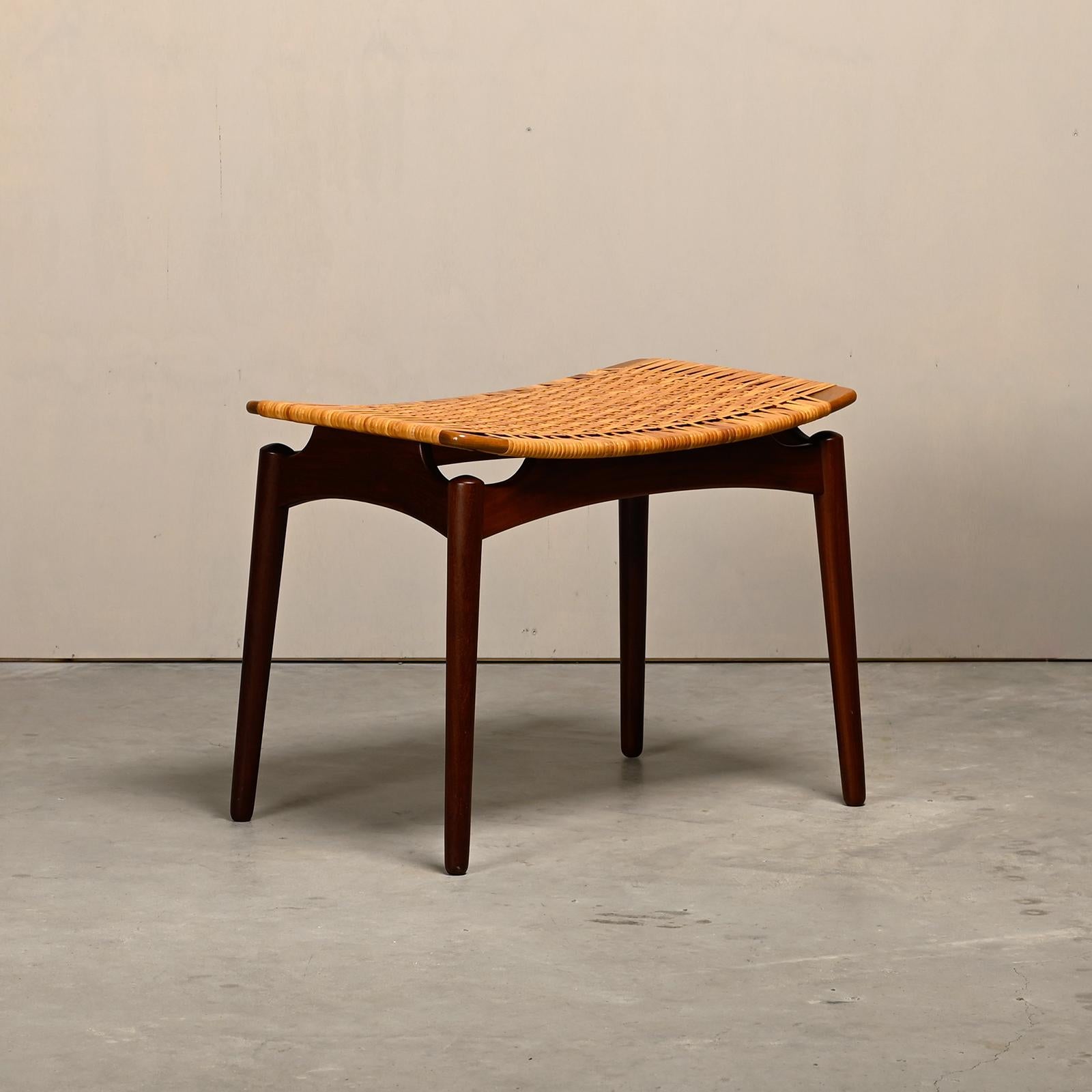 Hand-Woven Scandinavian Modern Stool in Teak and Cane for Ølholm Møbelfabrik, 1950s