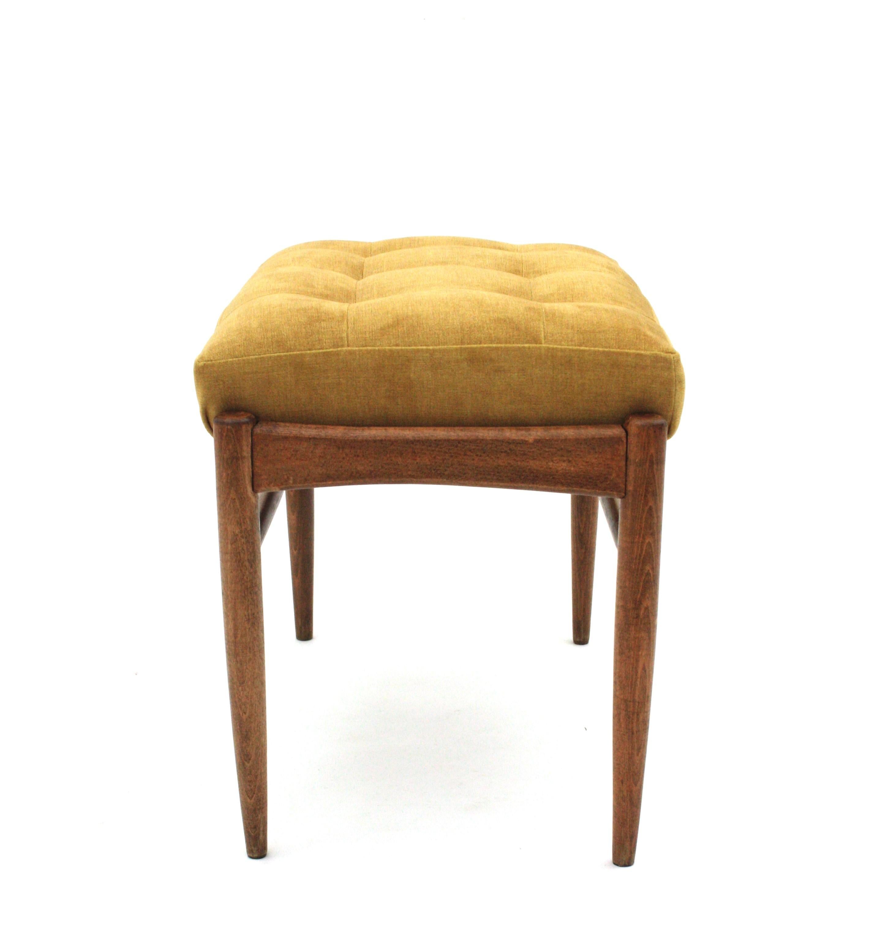 Spanish Scandinavian Modern Stool Ottoman or Bench New Upholstered in Yellow Chenille For Sale