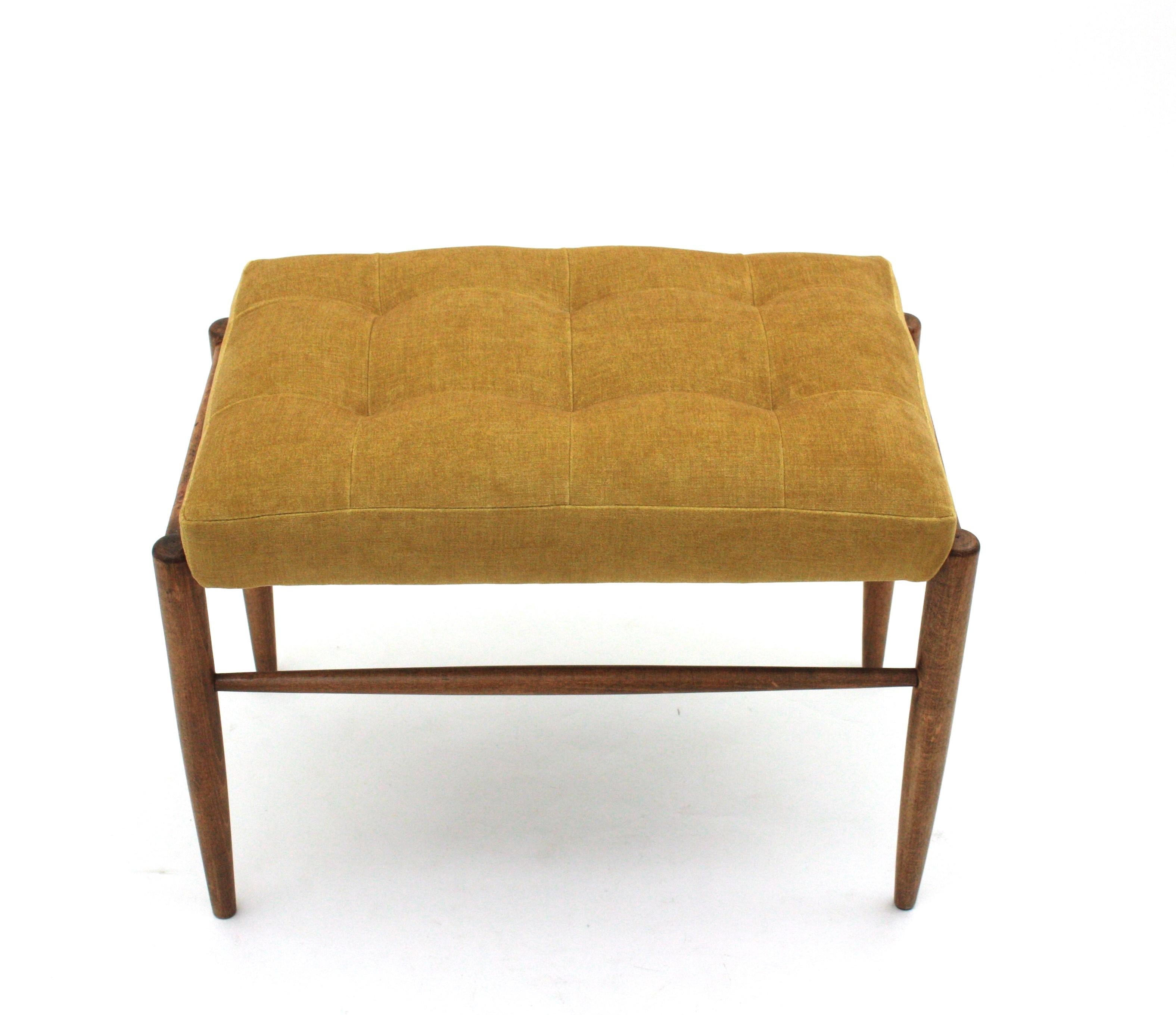 Wood Scandinavian Modern Stool Ottoman or Bench New Upholstered in Yellow Chenille For Sale