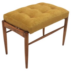 Scandinavian Modern Wood Stool with Yellow Chenille Seat, 1950s