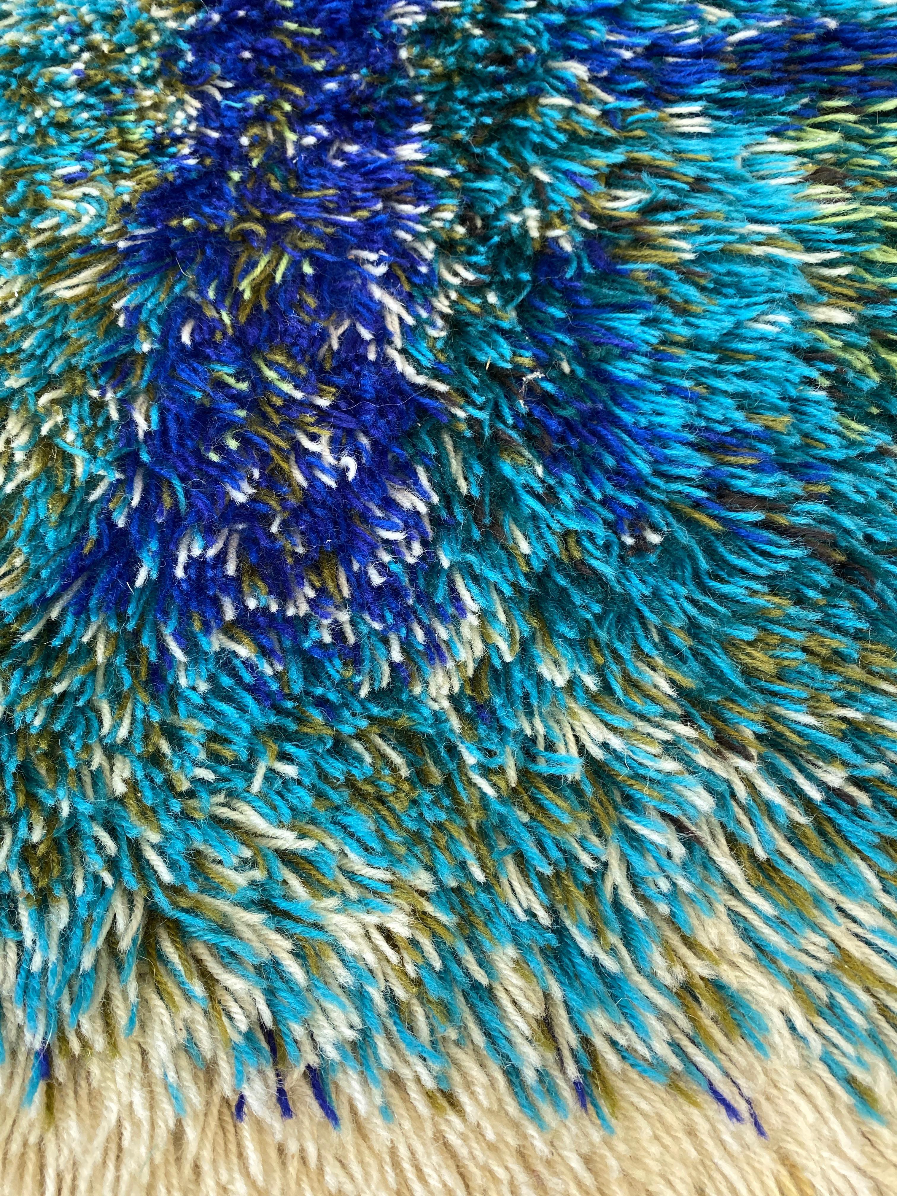 Tapis Rya en laine de style moderne scandinave:: bleu & vert à motifs géométriques:: années 1960 3