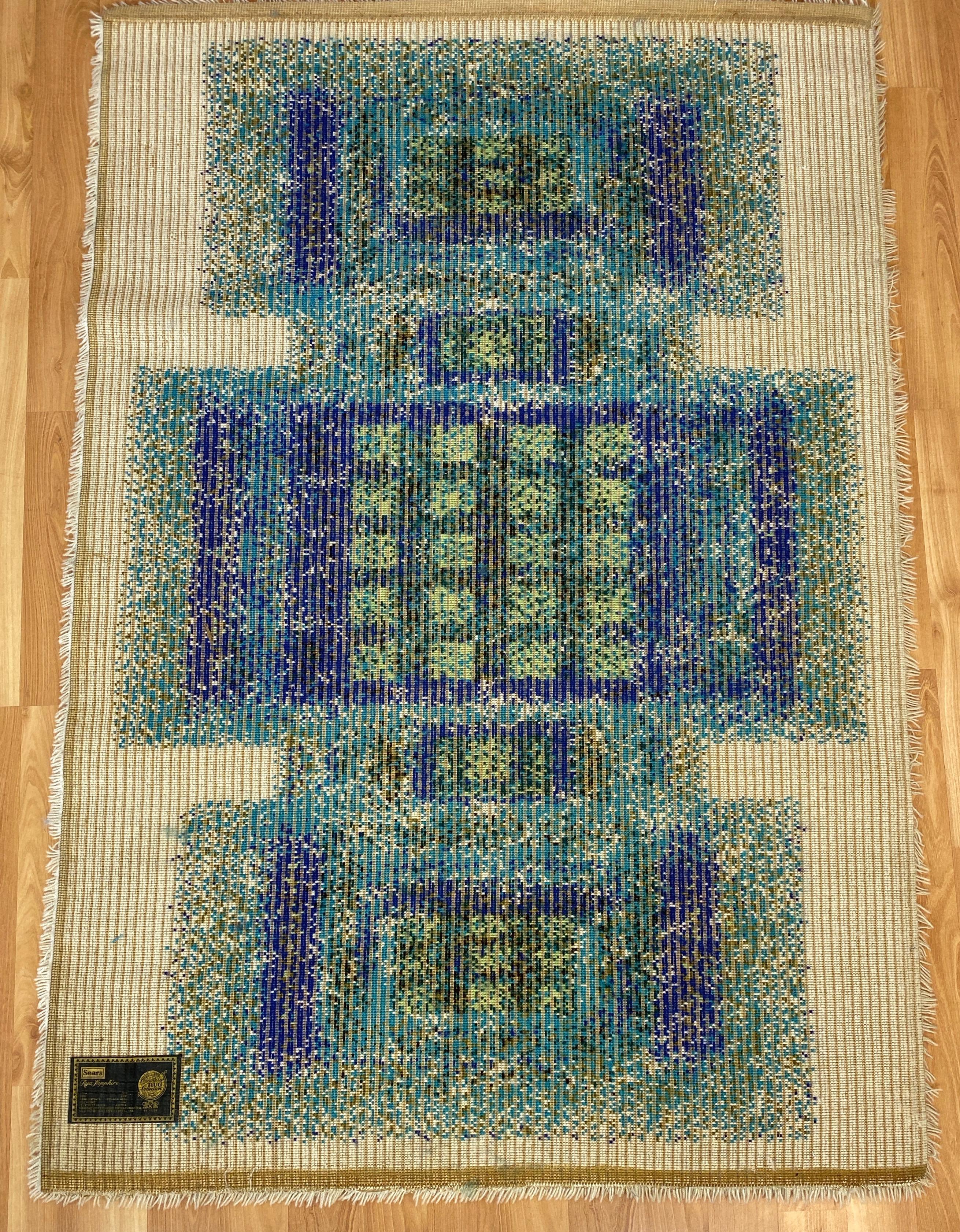 Scandinavian Modern-Style Blue & Green Geometric Design Wool Rya Rug, 1960s 3