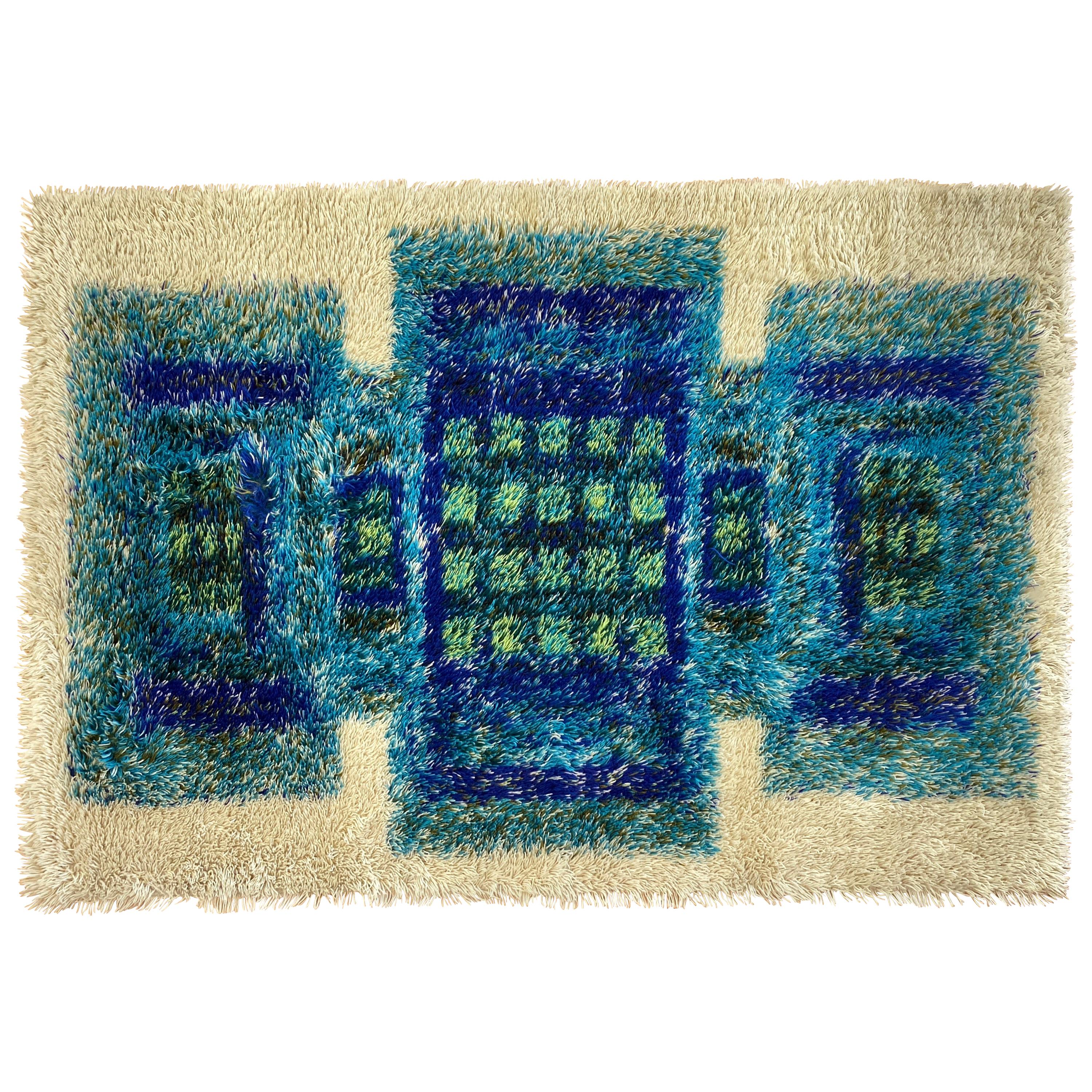 Scandinavian Modern-Style Blue & Green Geometric Design Wool Rya Rug, 1960s