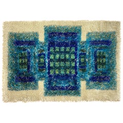 Tapis Rya en laine de style moderne scandinave:: bleu & vert à motifs géométriques:: années 1960