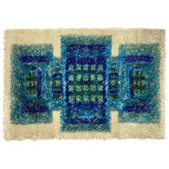 Scandinavian Modern-Style Blue & Green Geometric Design Wool Rya Rug, 1960s