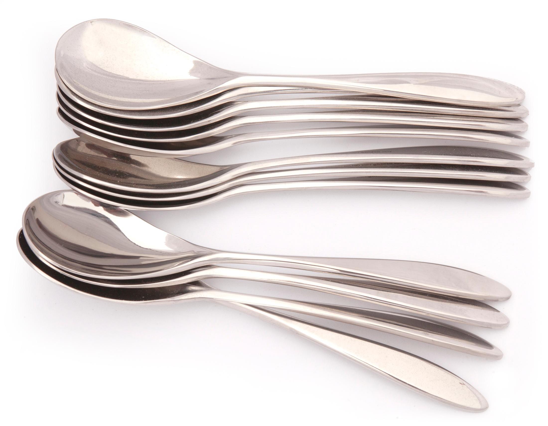 60 piece set of contemporary stainless flatware in a modern pattern.
Sizes are listed below for review:
Large Spoons 8LX1.75WX1D
Small Spoons 6.35LX1.25WX1.25H
Large Forks 7.75LX1.25WX1H
Knife 8.25LX1WX.5H
Small Forks 6.25LX1WX.75H
Serving pieces,