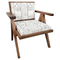 Scandinavian Modern Style Walnut Chair, Boucle Black & White Fabric