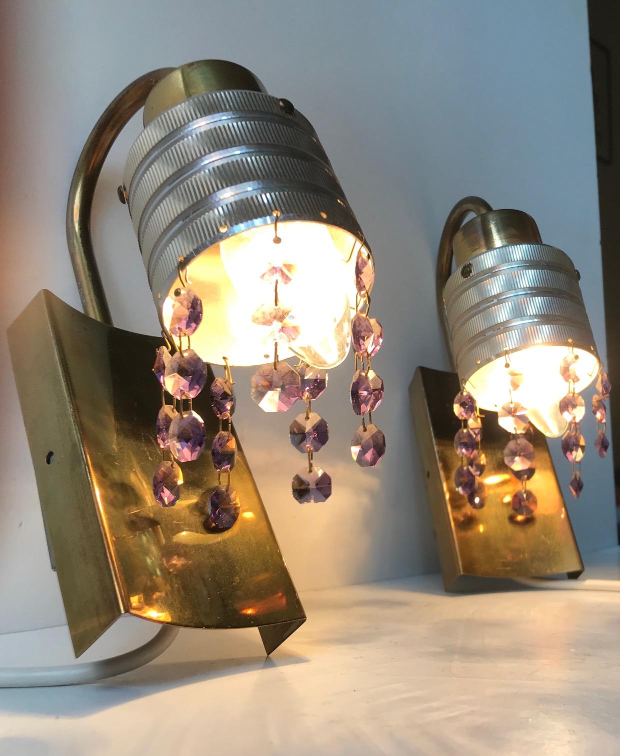 Mid-Century Modern Scandinavian Modern Swag Prism Wall Sconces in Brass and Purple Crystal, 1960s For Sale