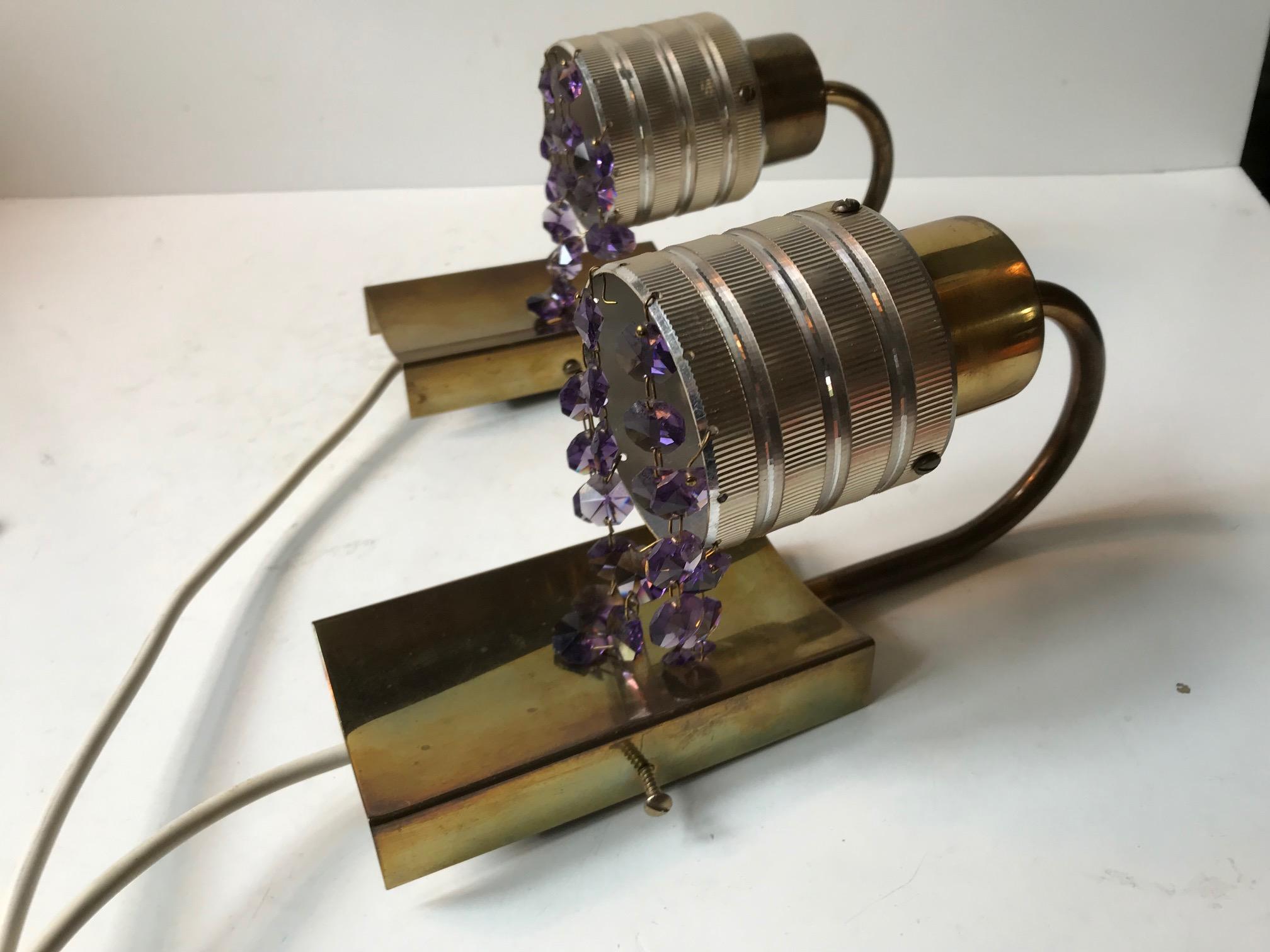 Scandinavian Modern Swag Prism Wall Sconces in Brass and Purple Crystal, 1960s In Good Condition For Sale In Esbjerg, DK