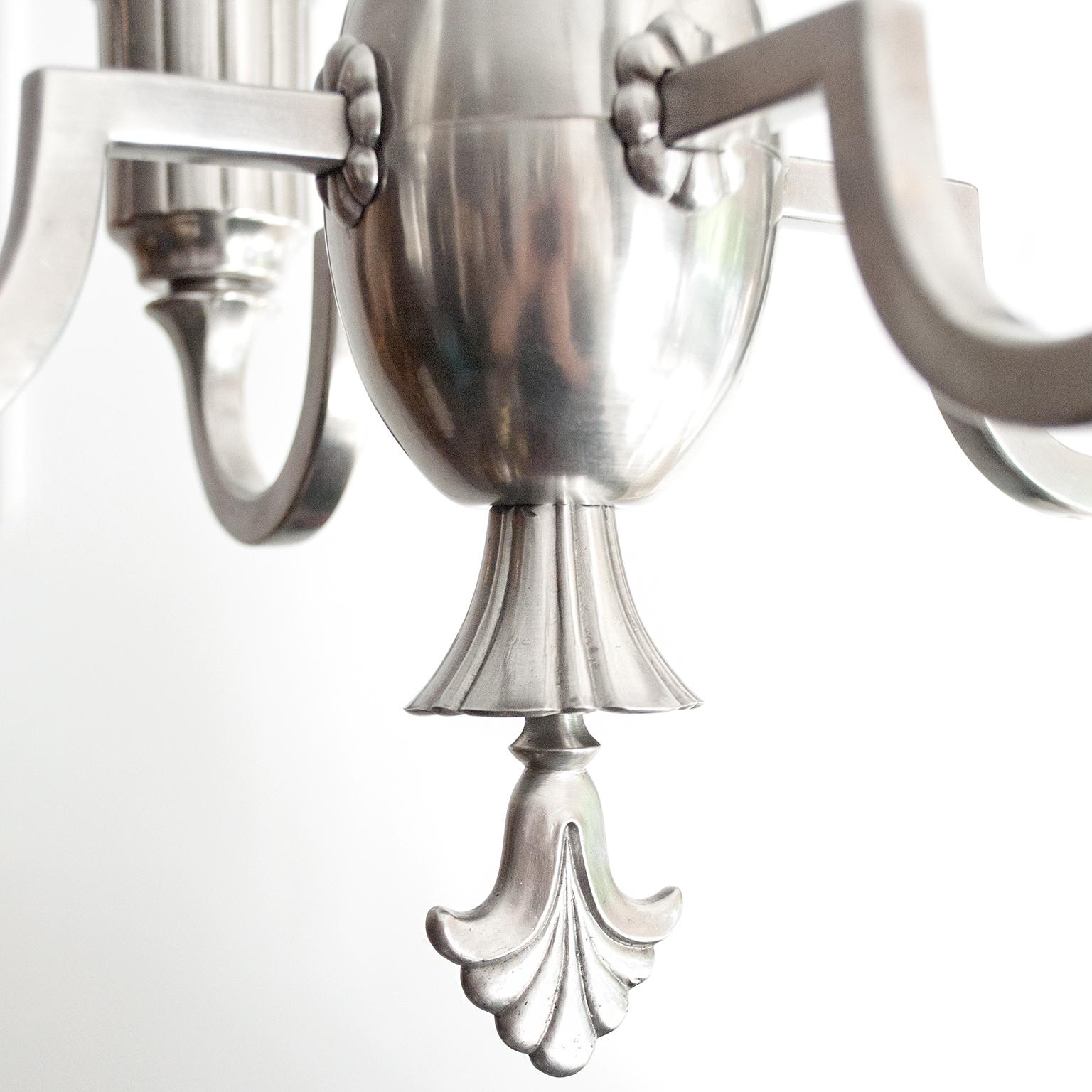 20th Century Scandinavian Modern, Swedish Grace Art Deco 4-Arm Chandelier in Polished Pewter