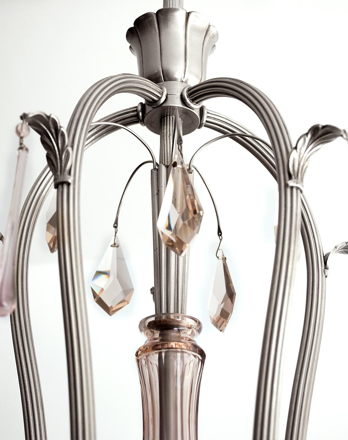 Scandinavian Modern, Swedish Grace, Nickel Plated Five-Arm Chandelier In Excellent Condition In New York, NY