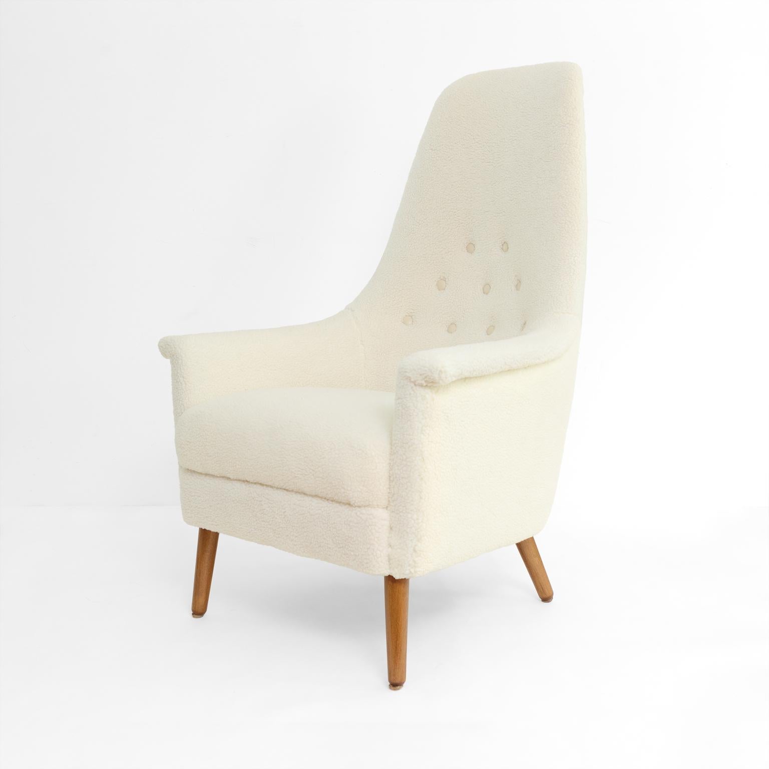 Scandinavian Modern, Swedish high back lounge chair in faux sheepskin For Sale 4