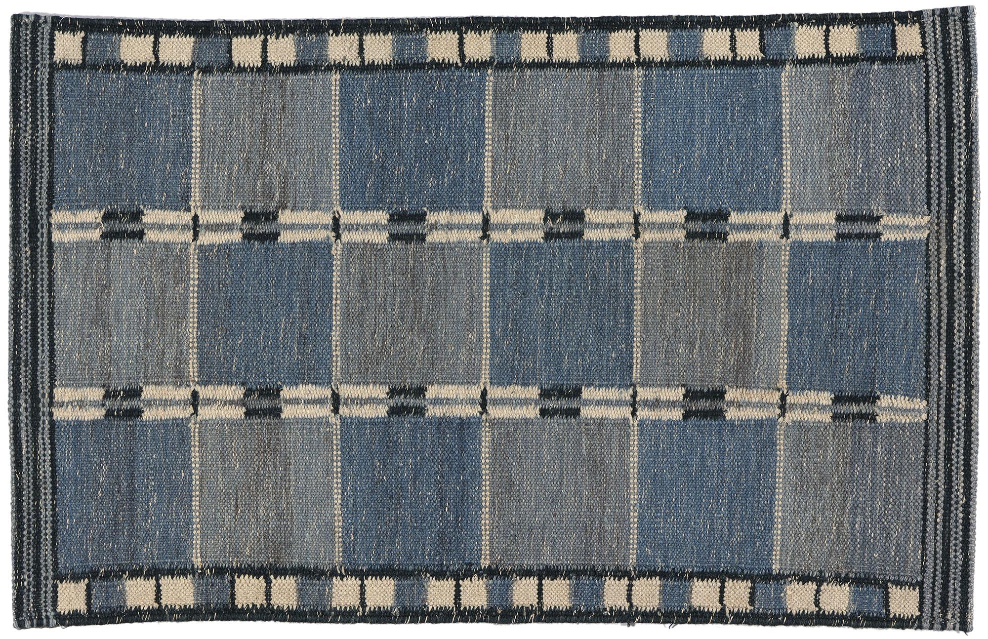 Scandinavian Modern Swedish Inspired Kilim Rug, Blått Rutmönster 3
