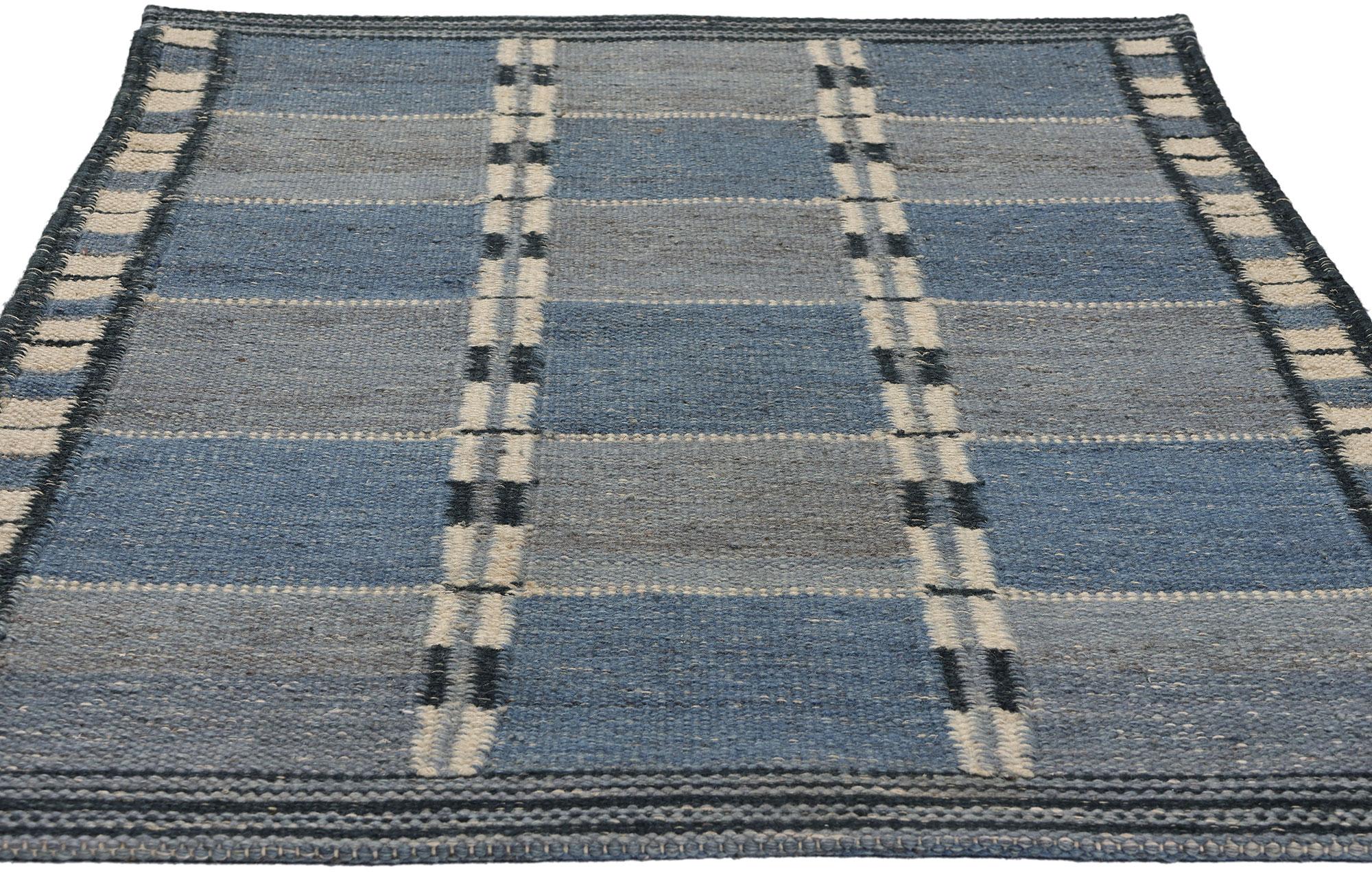Indian Scandinavian Modern Swedish Inspired Kilim Rug, Blått Rutmönster