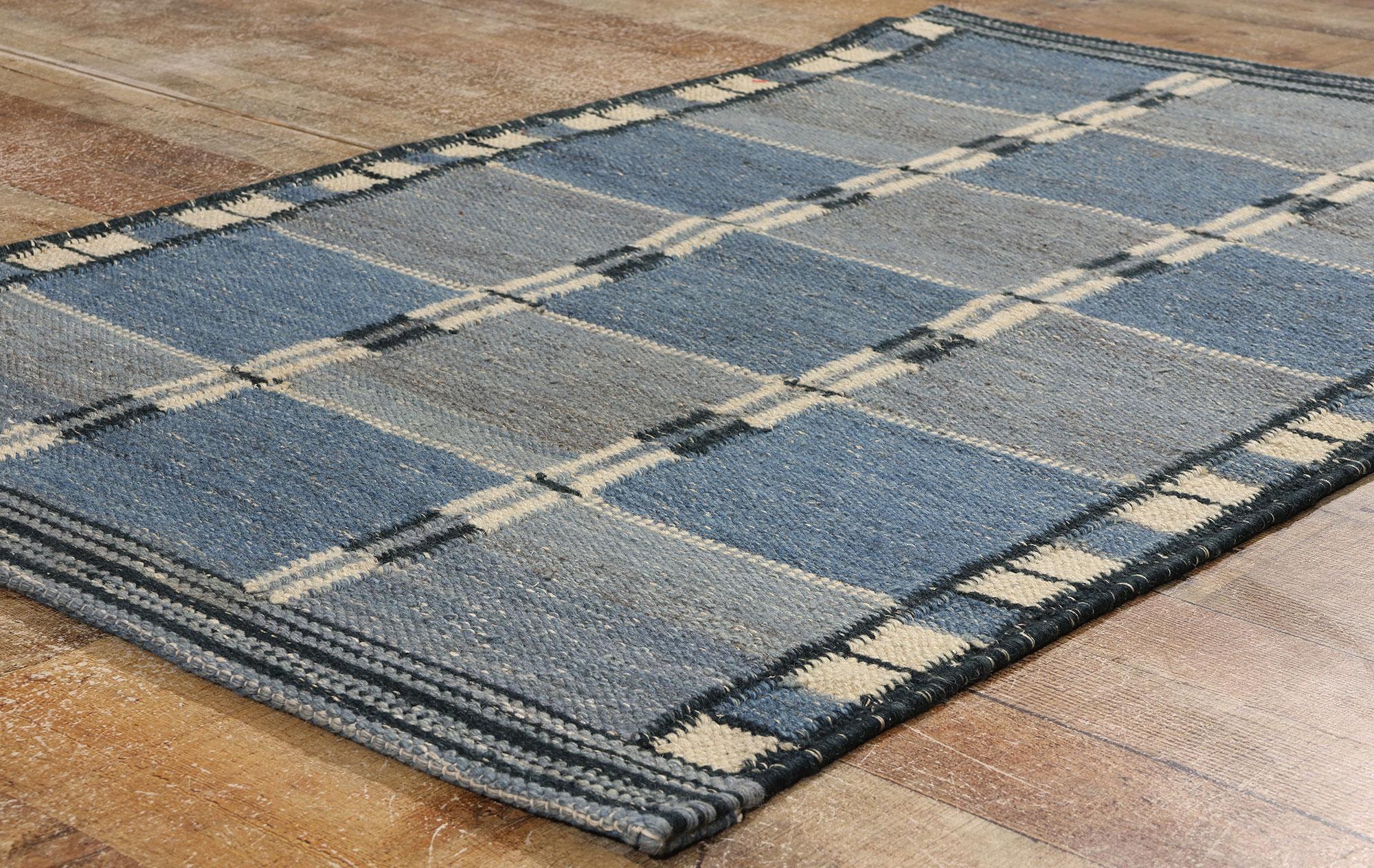 Wool Scandinavian Modern Swedish Inspired Kilim Rug, Blått Rutmönster