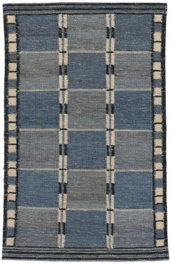 Scandinavian Modern Swedish Inspired Kilim Rug, Blått Rutmönster