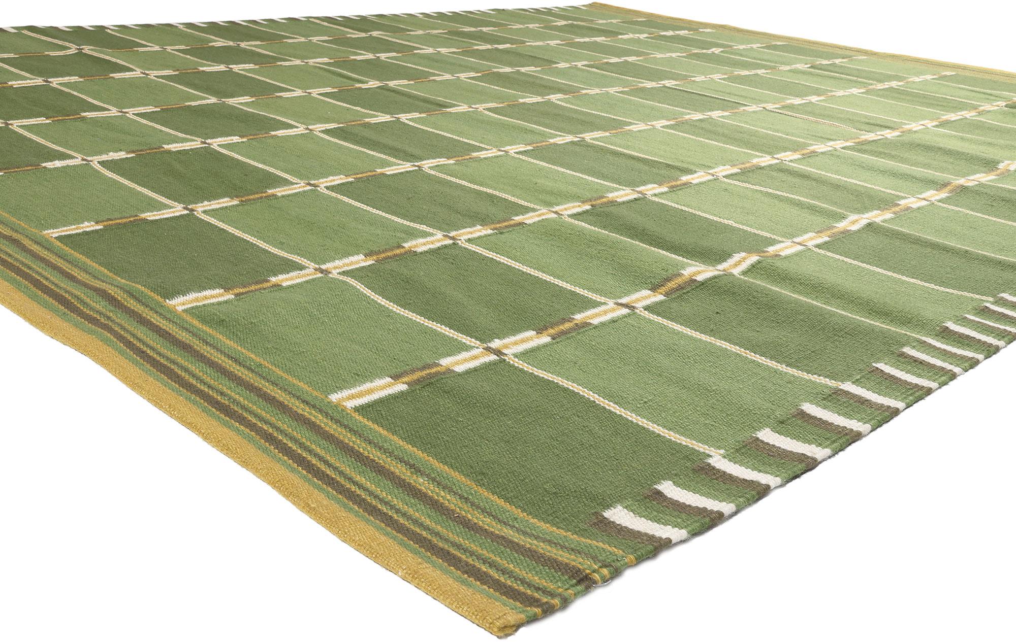 30947 New Swedish Inspired Kilim Rug, 10'03 x 12'10.
Showcasing the bolder side of Scandinavian design, this handwoven Swedish style kilim rug is a captivating vision of woven beauty. The eye-catching checked design and green hues woven into this