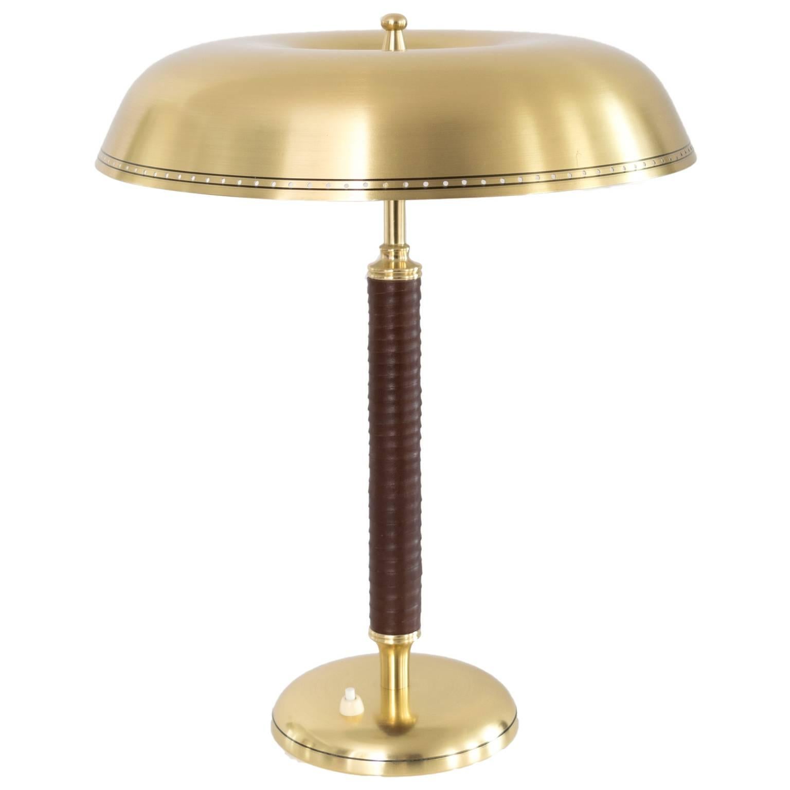 Scandinavian Modern Swedish Midcentury Brass and Leather Table Lamp