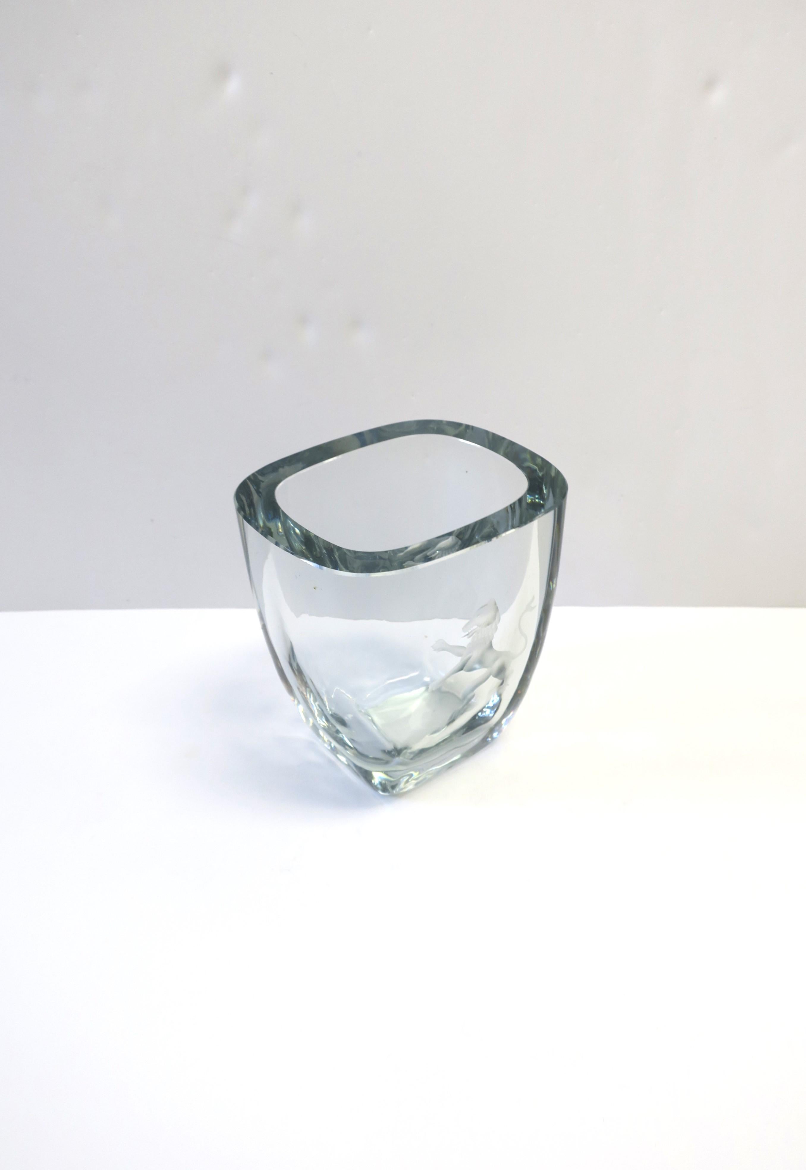 Etched Scandinavian Modern Swedish Modern Crystal Strombergshytt Glass Vase with Lion  For Sale