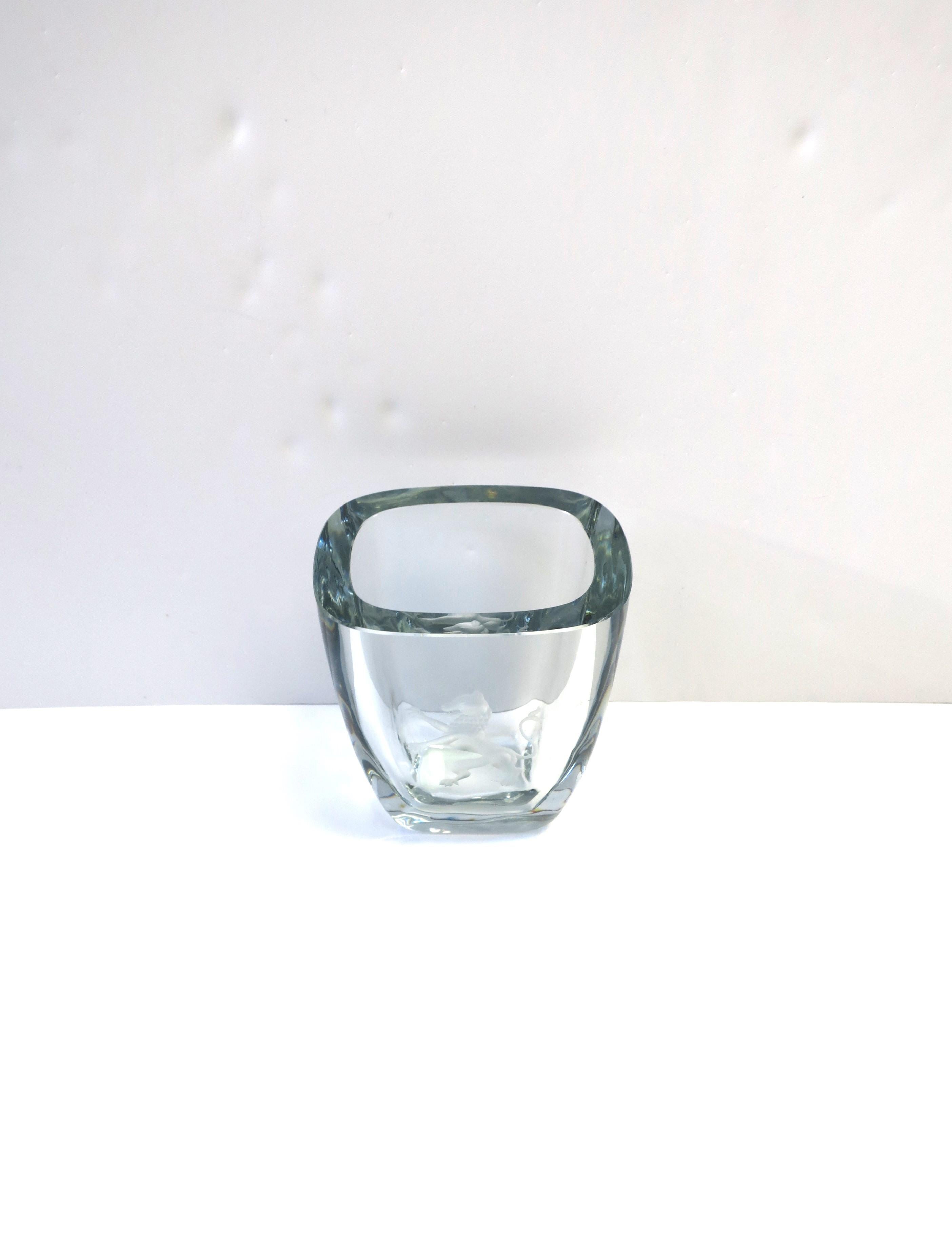 Scandinavian Modern Swedish Modern Crystal Strombergshytt Glass Vase with Lion  In Good Condition For Sale In New York, NY