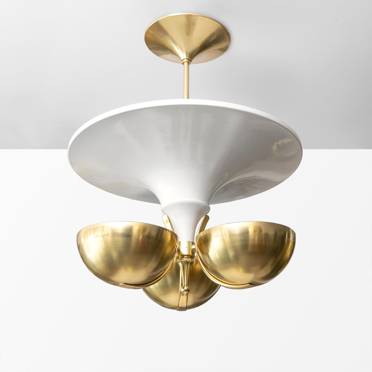 Painted Scandinavian Modern Swedish Pendant with Three Brass Shades and Large Reflector 
