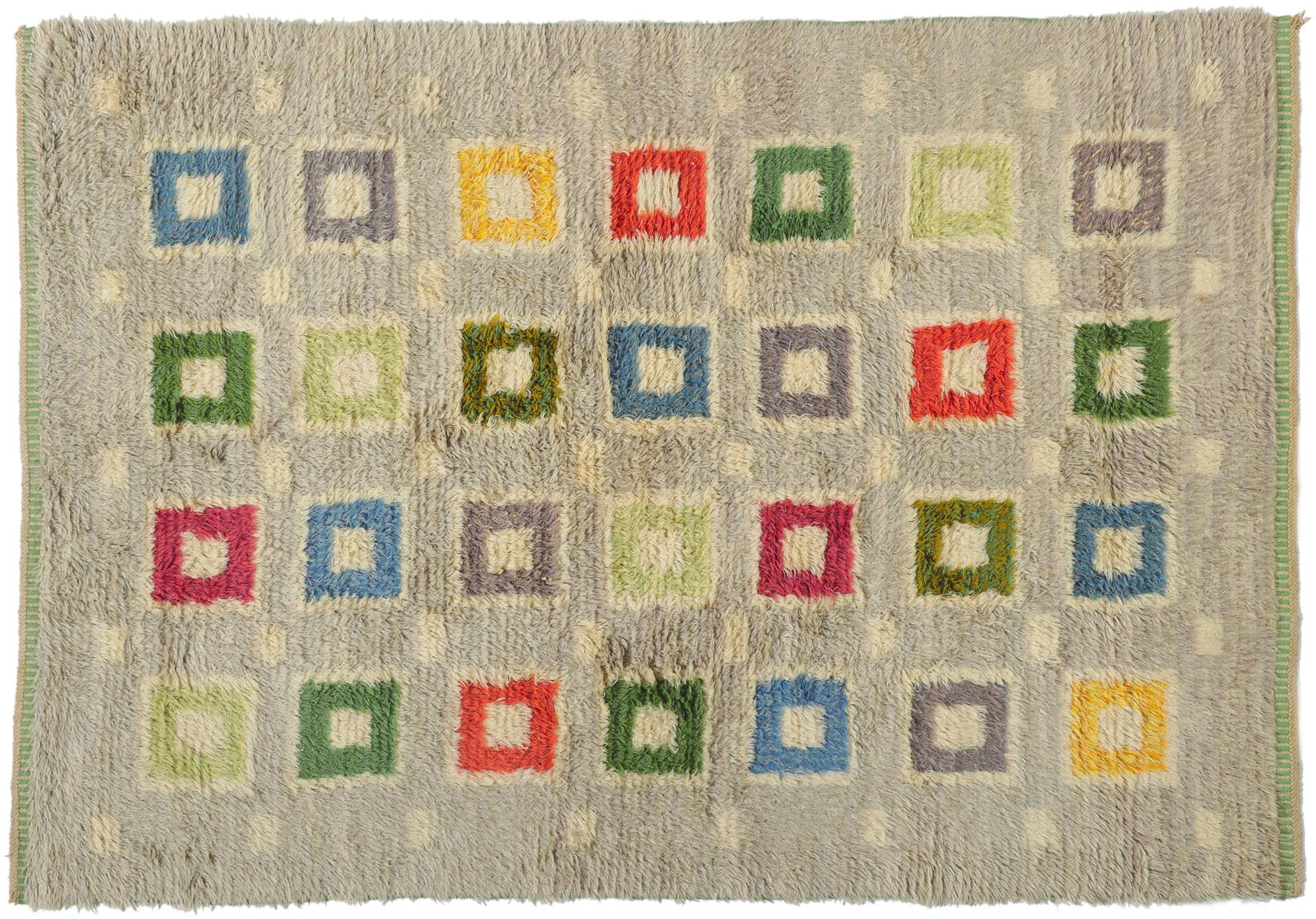 Hand-Knotted Scandinavian Modern Swedish Rya Rug, Färgglada Rutmönster-Colorful Squares For Sale
