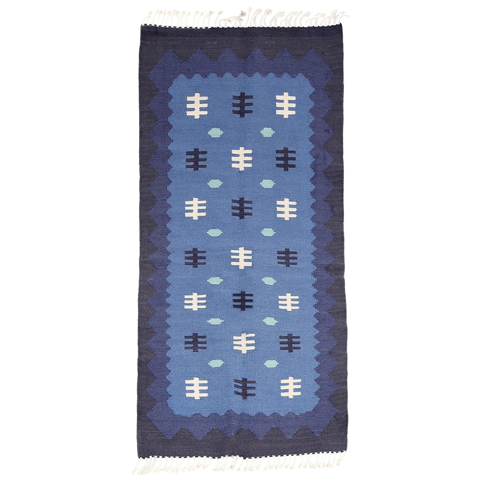 Scandinavian Modern, Swedish Wool Flat-Weave Rug in Blues, Rollakan