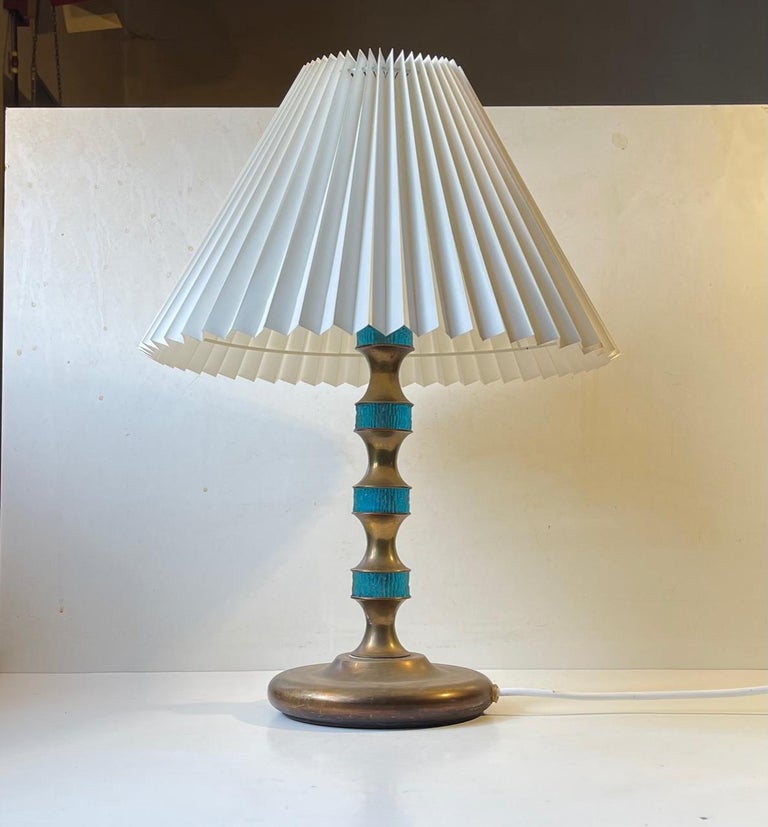 Scandinavian Modern Table Lamp in Brass & Blue Glass by Vitrika, 1960s For Sale 5
