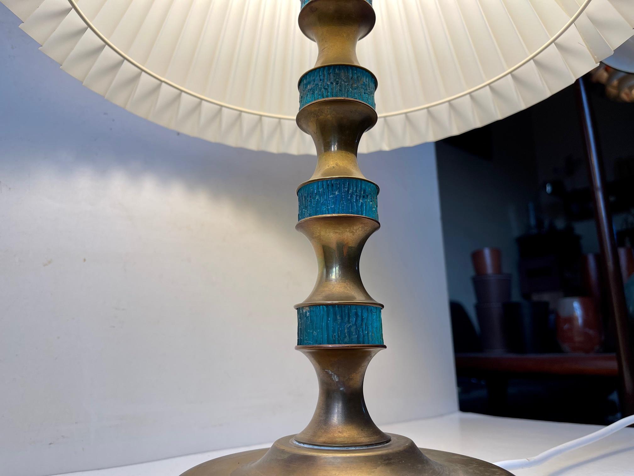 Danish Scandinavian Modern Table Lamp in Brass & Blue Glass by Vitrika, 1960s For Sale