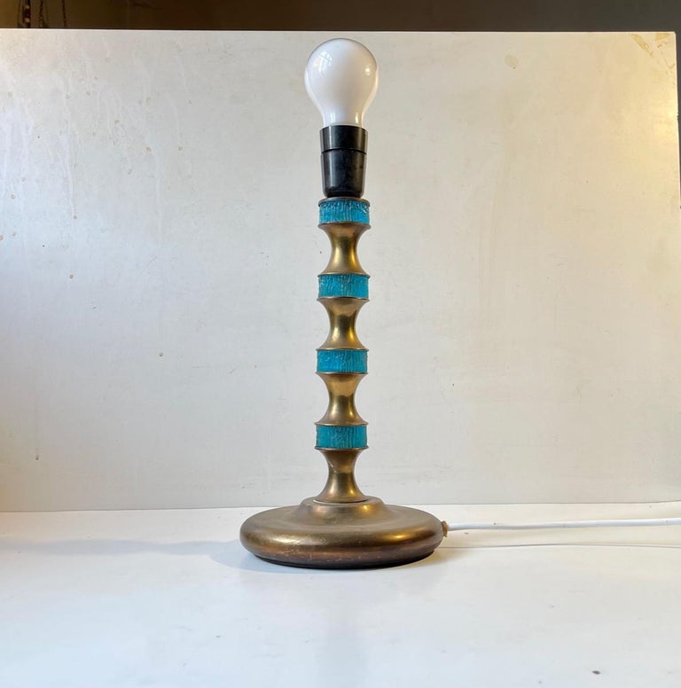 Mid-20th Century Scandinavian Modern Table Lamp in Brass & Blue Glass by Vitrika, 1960s For Sale
