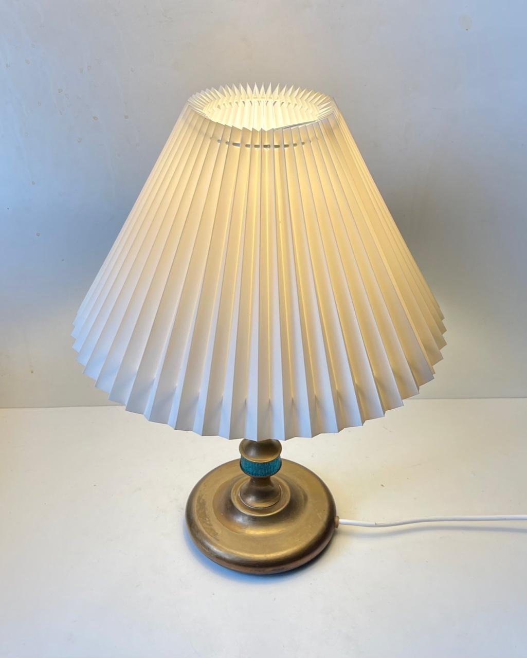 Scandinavian Modern Table Lamp in Brass & Blue Glass by Vitrika, 1960s For Sale 1