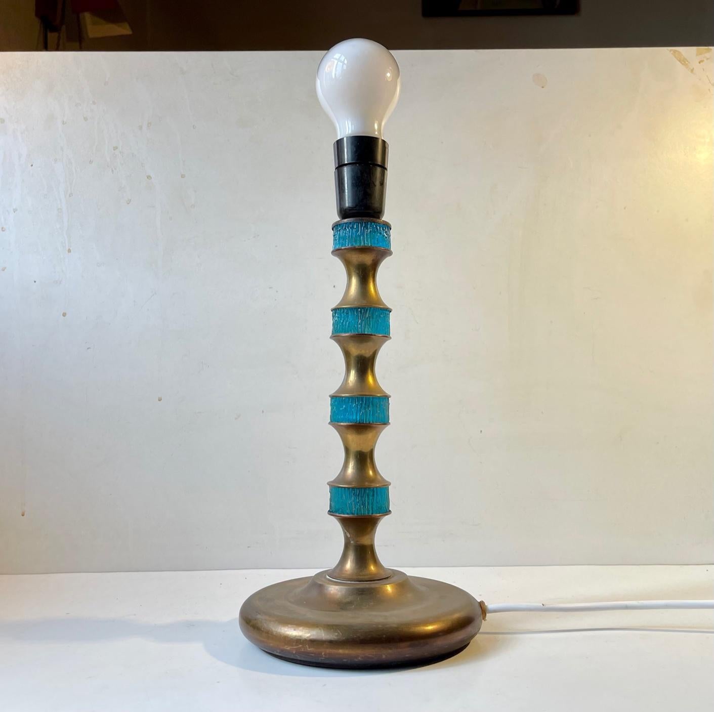 Scandinavian Modern Table Lamp in Brass & Blue Glass by Vitrika, 1960s For Sale 3