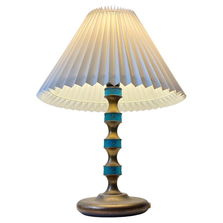 Scandinavian Modern Table Lamp in Brass & Blue Glass by Vitrika, 1960s For Sale