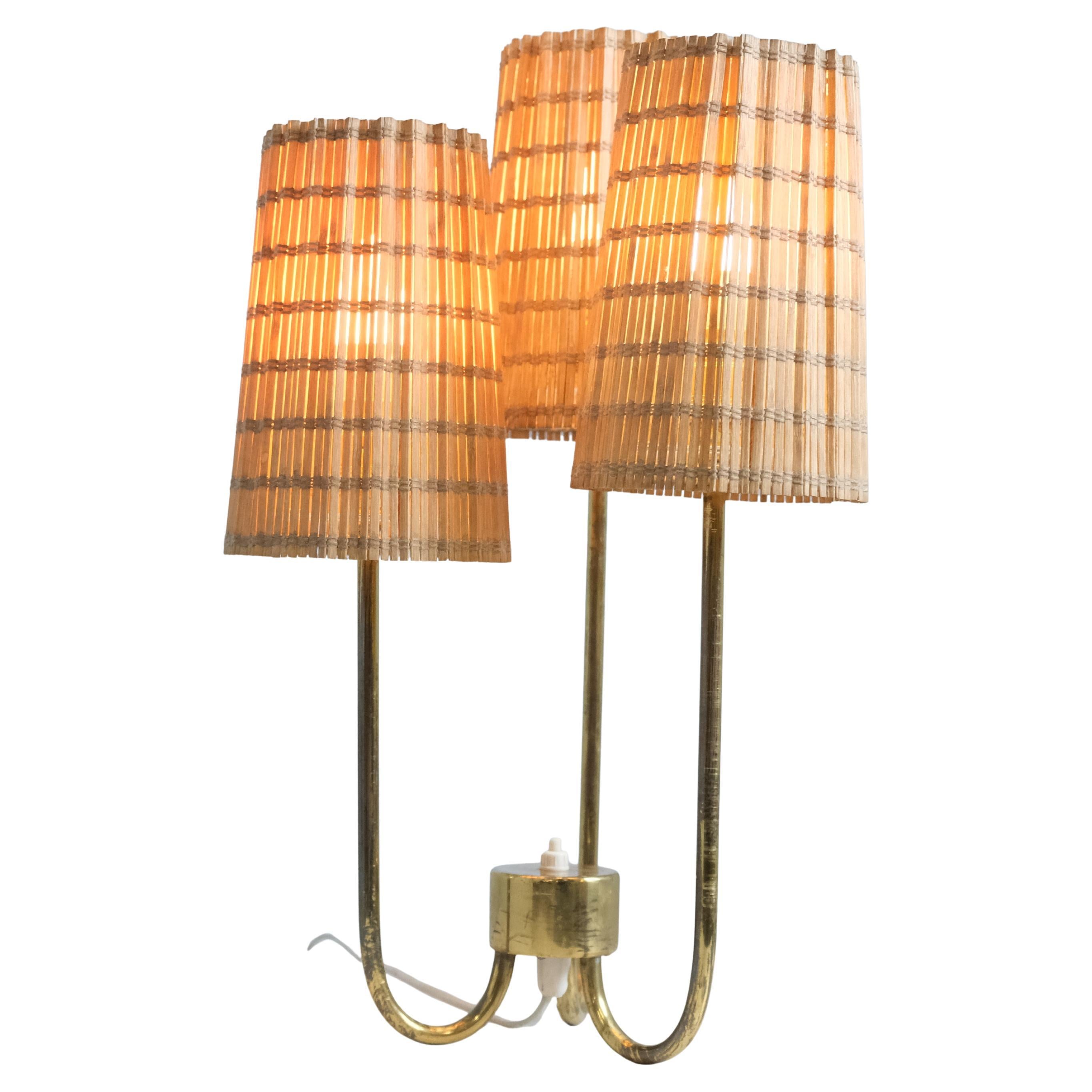 Scandinavian Modern Table Lamp in Brass, Glass, and Rattan, Finland 1950s For Sale