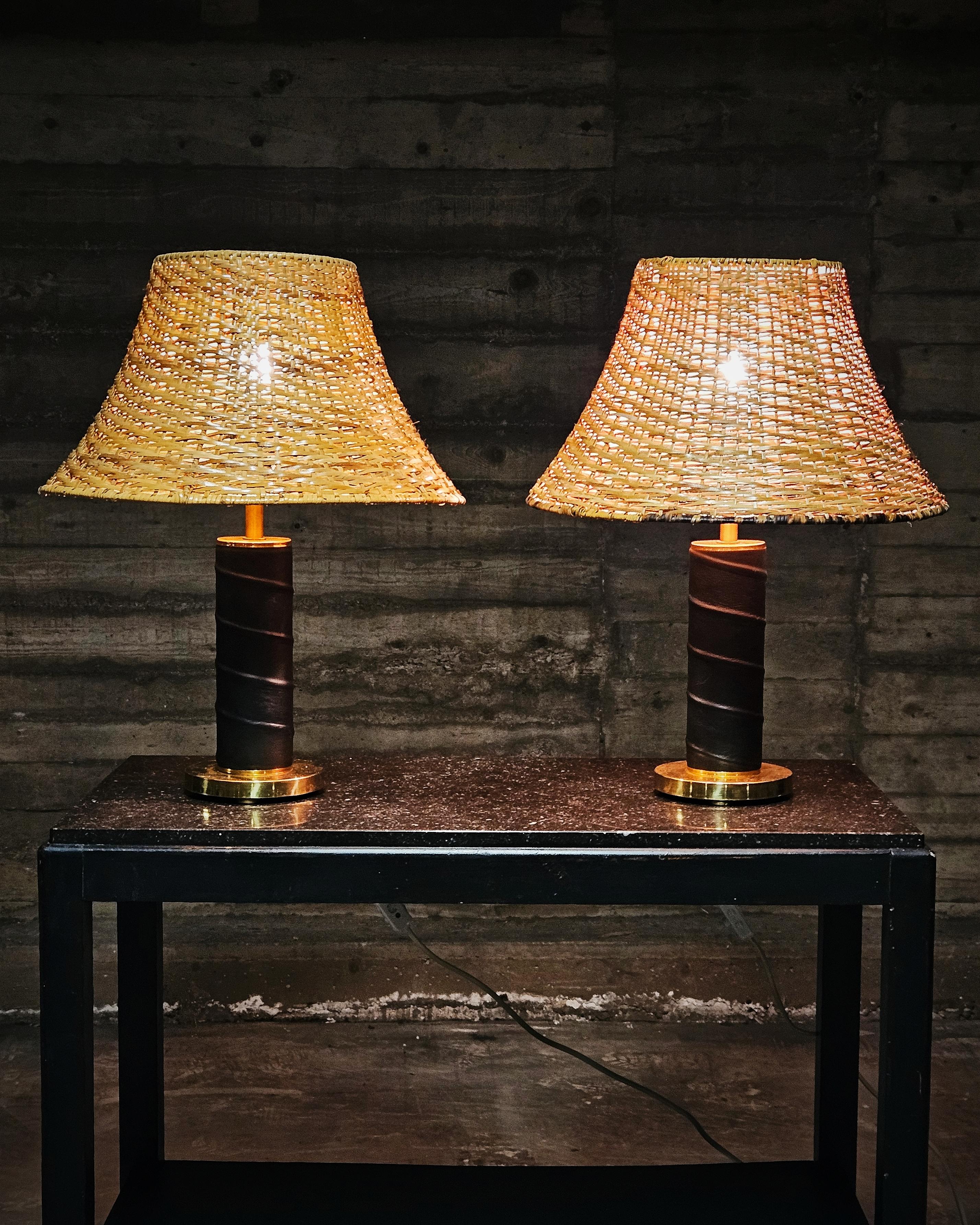Danish Scandinavian modern table lamps, brass wrapped in leather, Denmark, 1950s For Sale