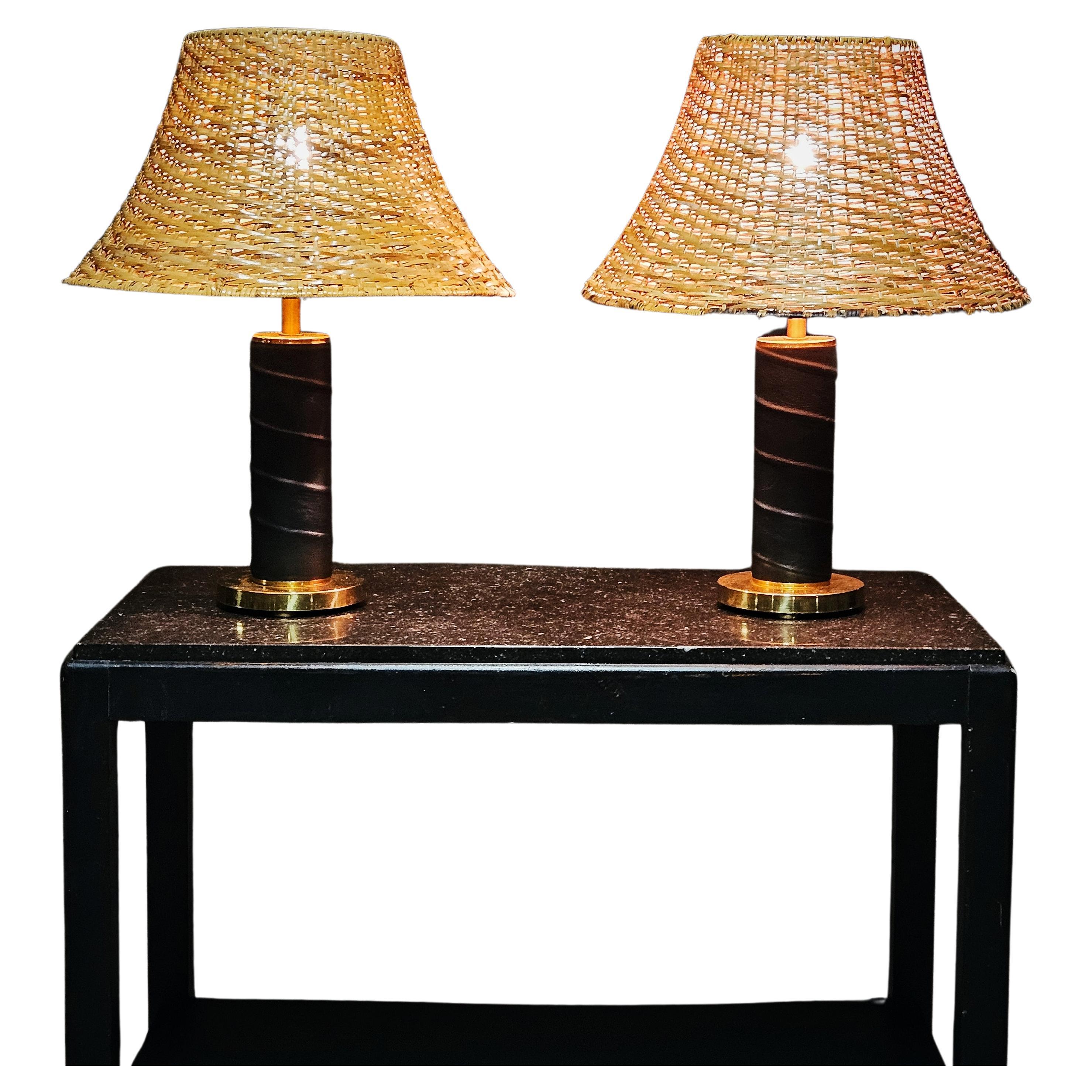 Scandinavian modern table lamps, brass wrapped in leather, Denmark, 1950s For Sale