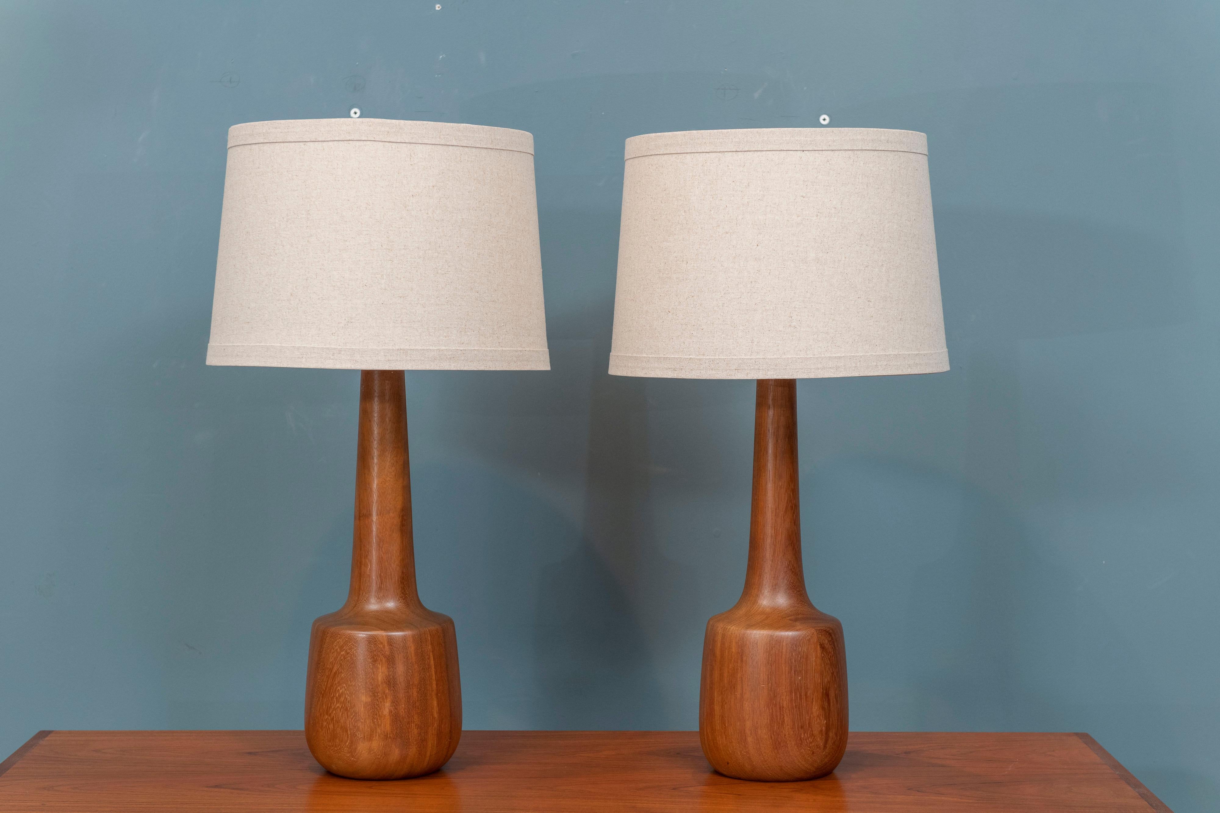 Scandinavian Modern turned teak table lamps with new wiring and shades, ready to enjoy.