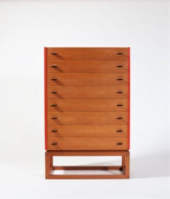 Scandinavian Modern Tall Boy / Chest of Drawers in Oregon Pine and Red Lacquer