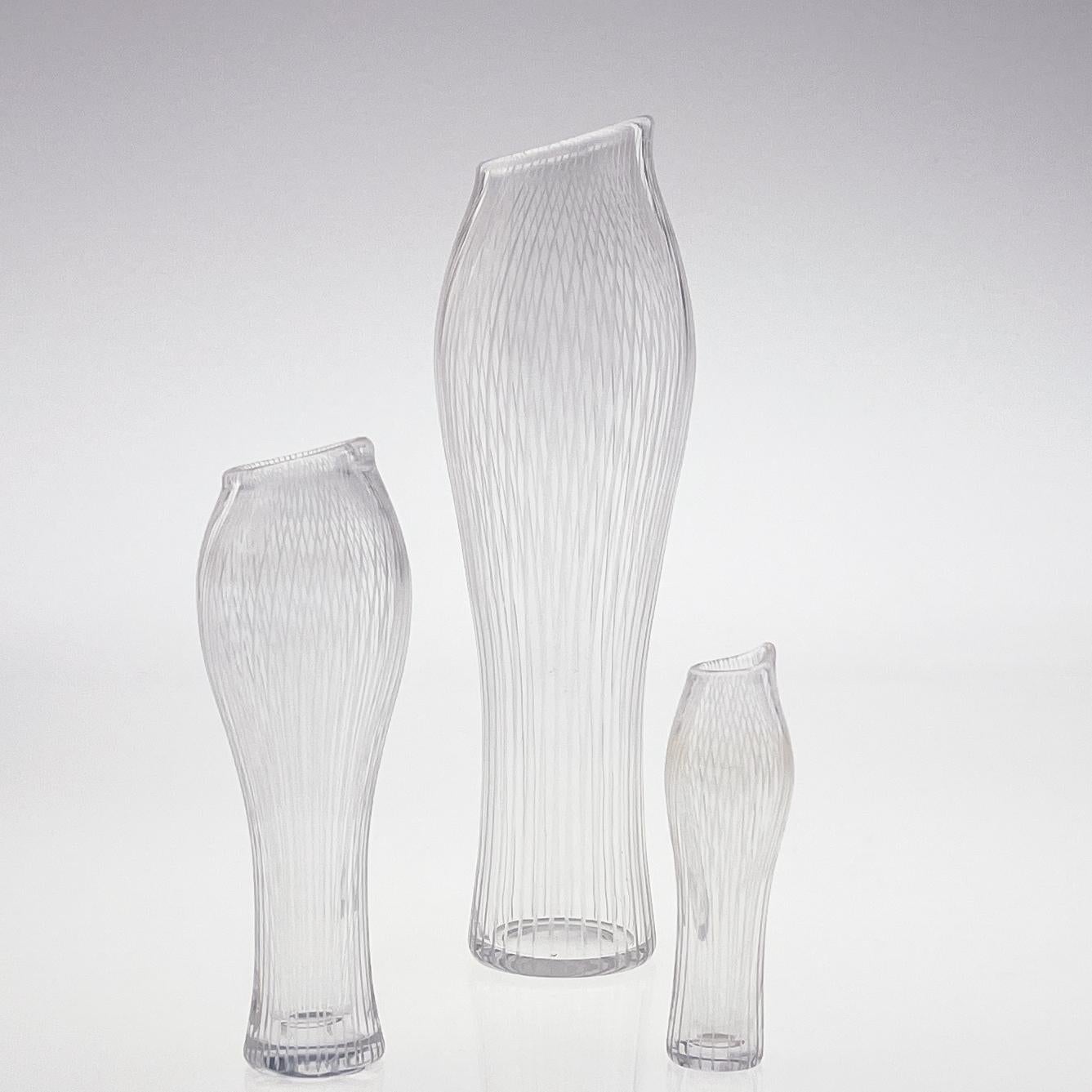 Finnish Scandinavian Modern Tapio Wirkkala Three Line Cut Crystal Art vases Handblown 