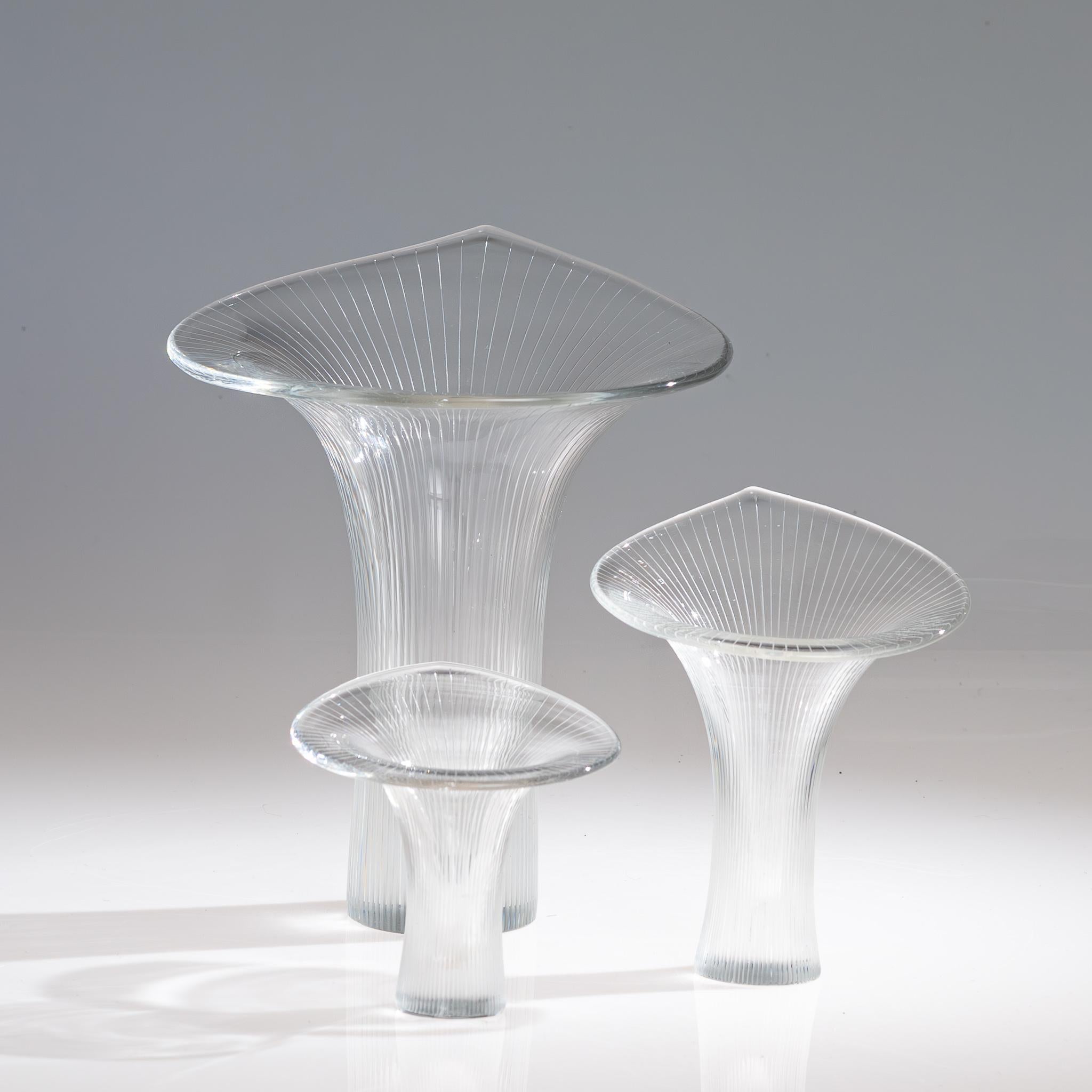 Finnish Scandinavian Modern Tapio Wirkkala Three Line Cut Crystal Art vases Kantarelli 