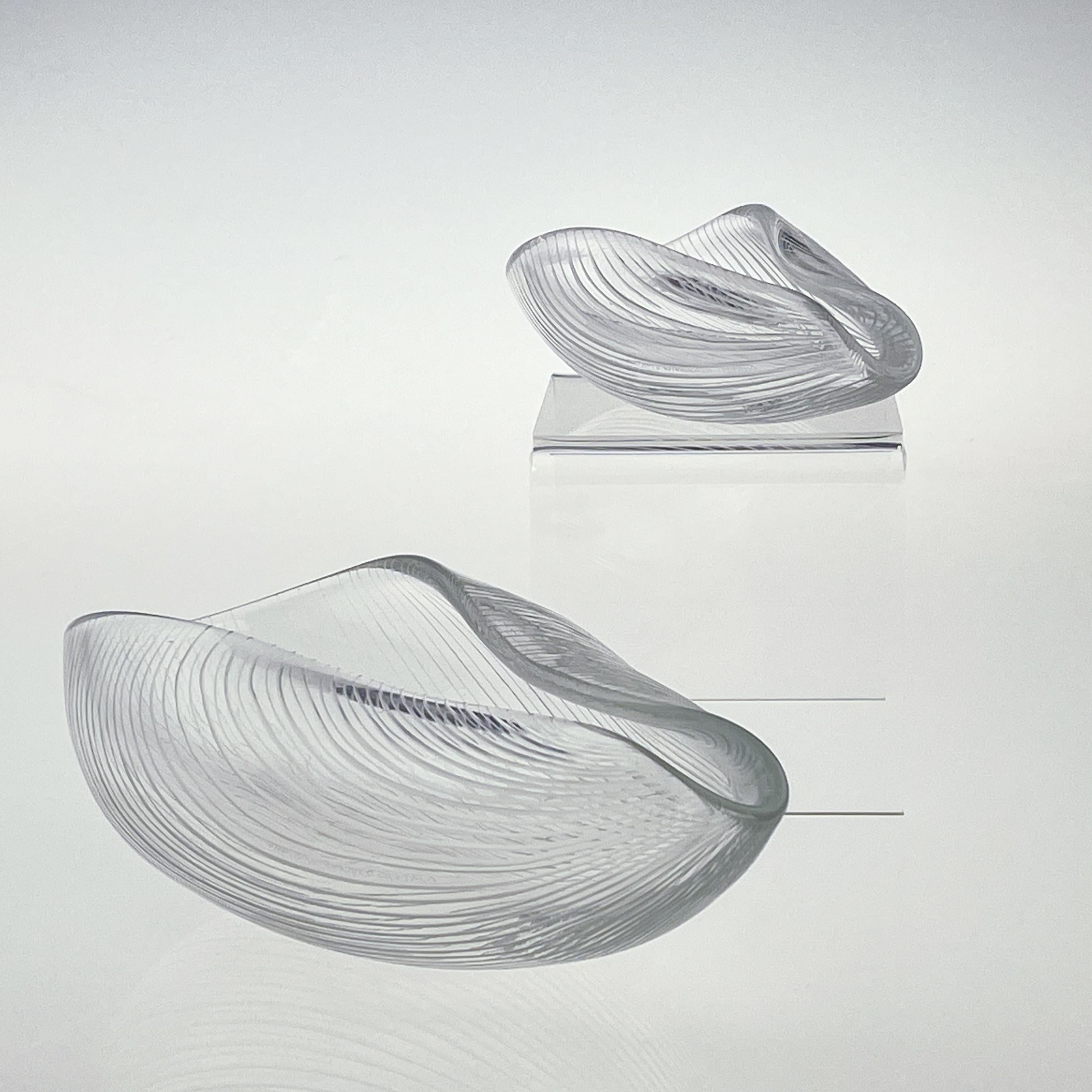 Finnish Scandinavian Modern Tapio Wirkkala Two Line Cut Crystal Art Bowls Handblown 