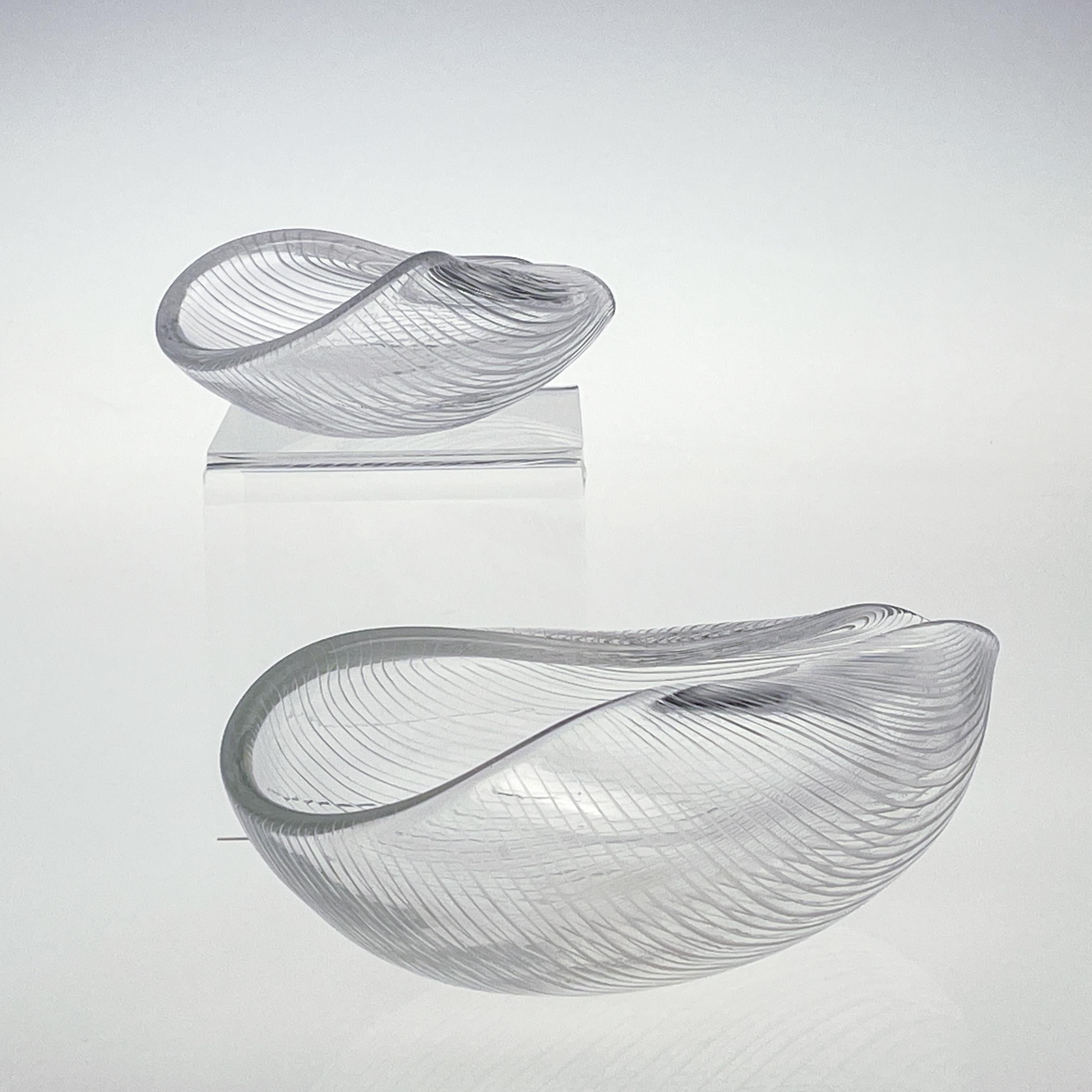 Hand-Crafted Scandinavian Modern Tapio Wirkkala Two Line Cut Crystal Art Bowls Handblown 